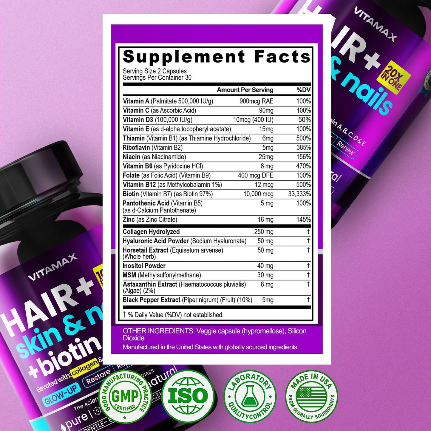 Biotin | Collagen | Keratin Booster with Hyaluronic Acid - Thicker Hair Growth, Healthy Skin & Stronger Nails Supplement – Extra Strength - Multi Vitamin B Complex - Women & Men - Made in USA - 60ct