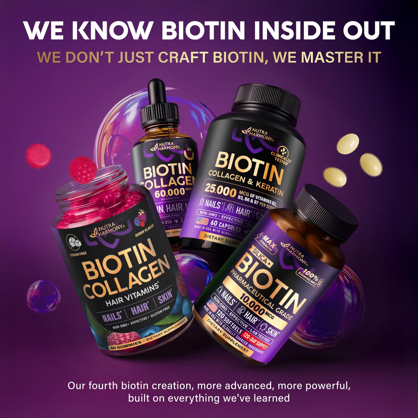 Biotin Gummies with Collagen - Hair Growth Support Skin, & Nail Strength - for Women & Men - Biotin 10000mcg | Keratin | Hyaluronic Acid | B-Complex | Saw Palmetto - Sugar-Free, Mixed Berry - 60 Gummy