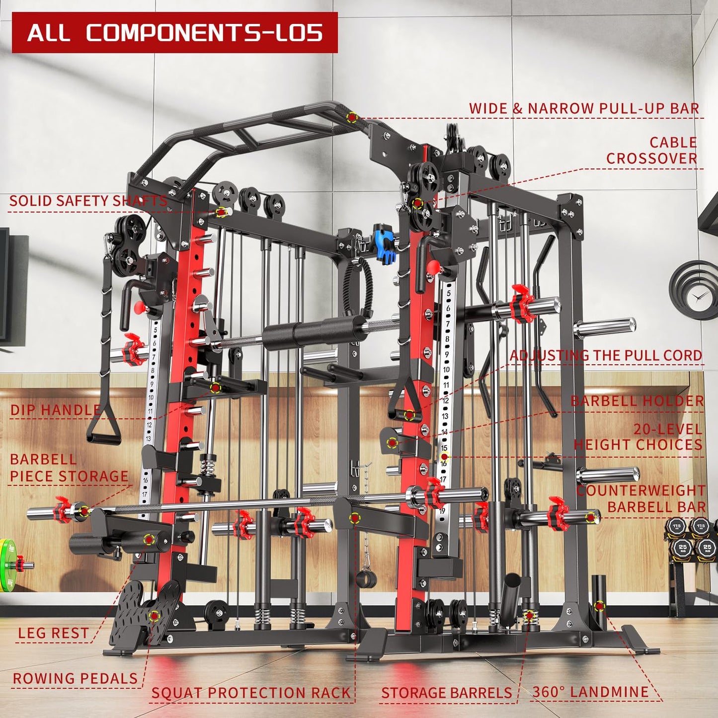 XGSW XINGESIWR Multi-Purpose Squat Rack,Smith Machine Weight Rack Set with Cable Crossover System, Home Gym Power Racks, Power Racks and Packages (L05, Power cage Red+Bench+(Pole+Cast lron) 338LBS)
