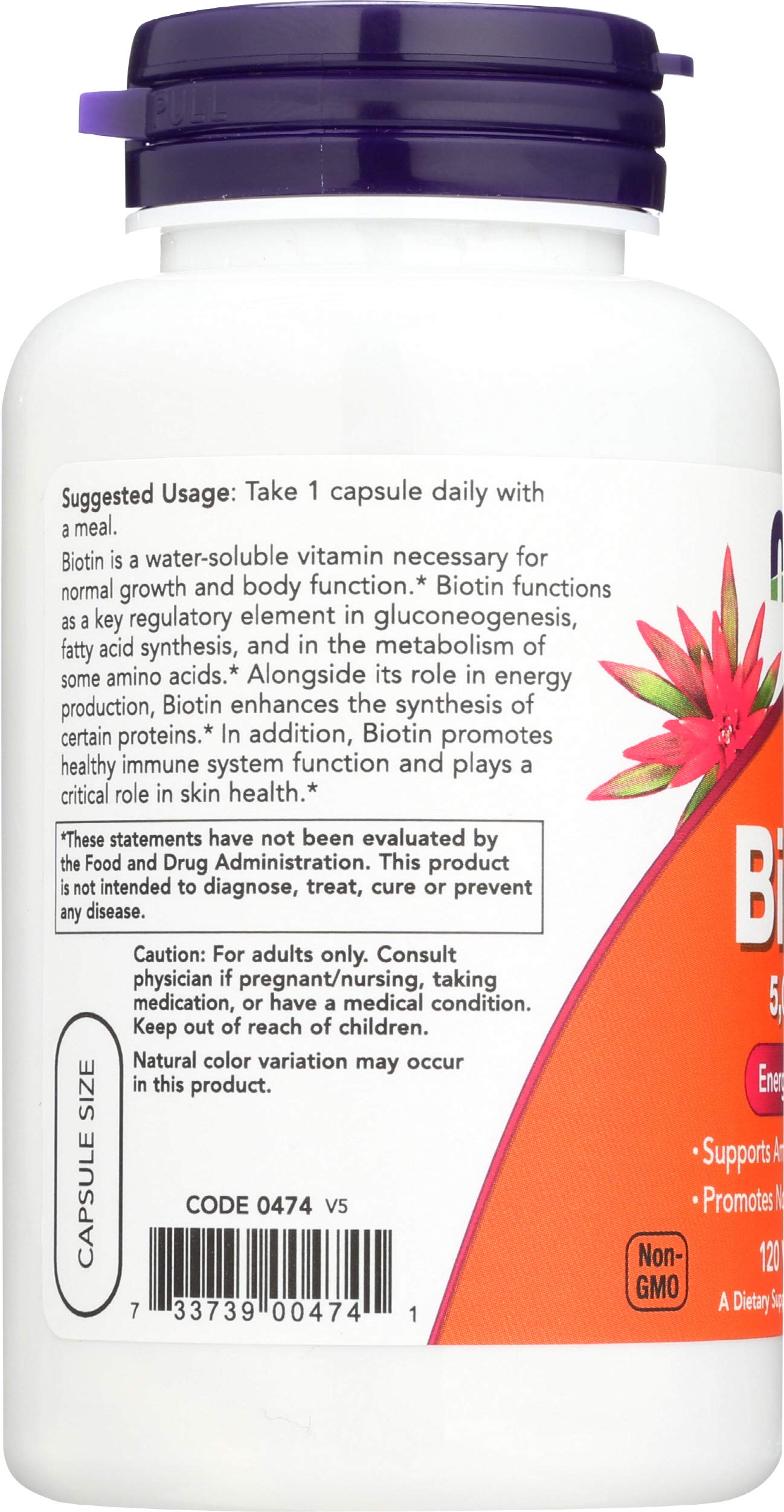 NOW Biotin 5,000 mcg - 120 VCaps (Pack of 2 Bottles)