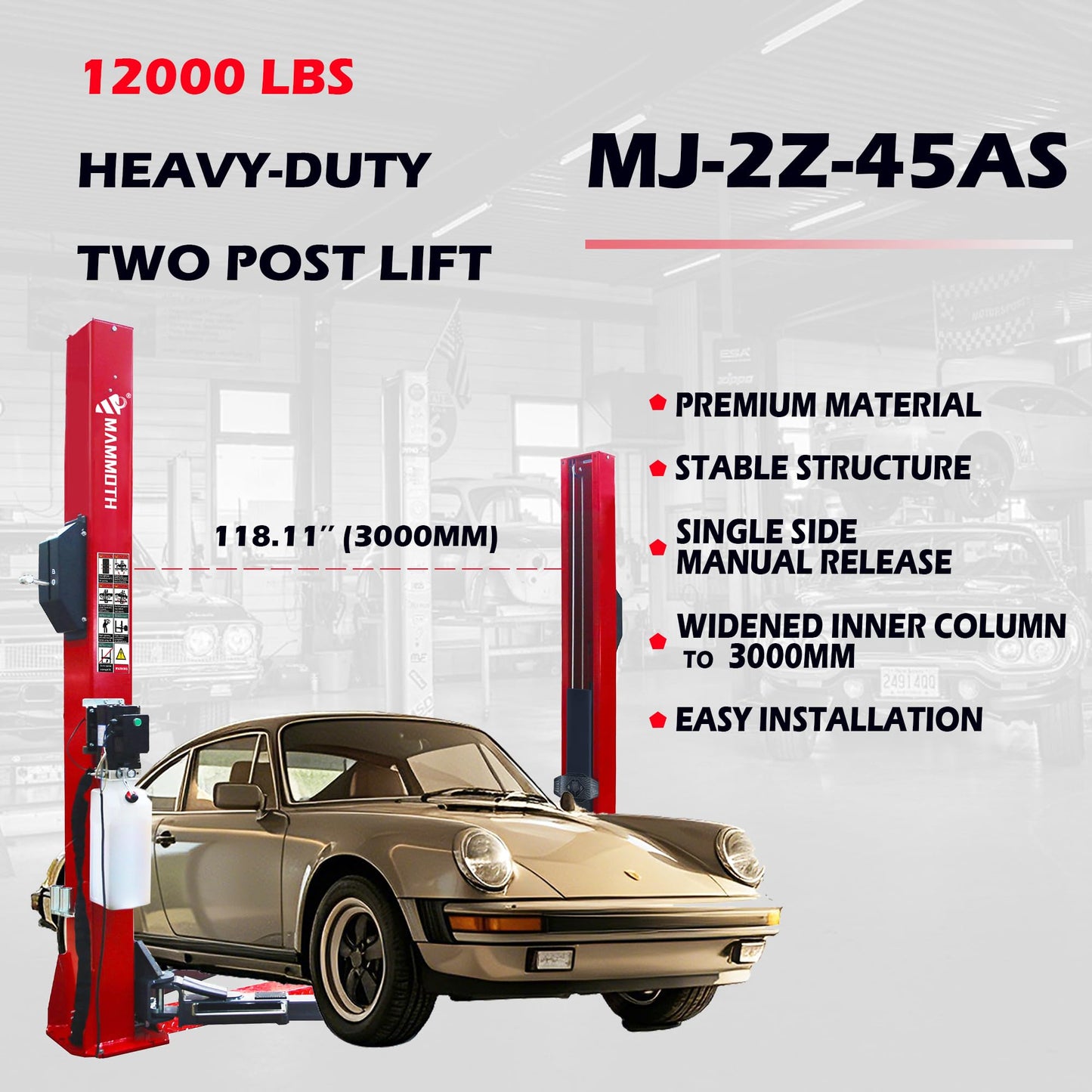 MEMMAREX Mammoth MJ-2Z-45AS 12000LBS Two Post Car Lift, Floor Plate Hydraulic Lift Single Side Manual Release for Home Garage Repair Shop, Fits Sedan SUV Pickup Truck