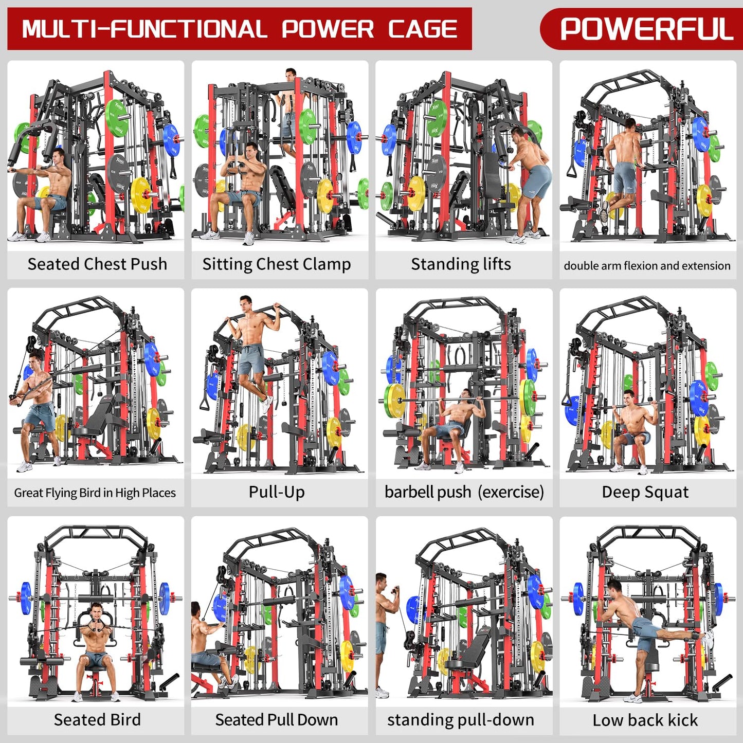 Multi-Purpose Squat Rack,Smith Machine Weight Rack Set with Cable Crossover System, Home Gym Power Racks, Power Racks and Packages (L07 two users, Power cage Black+bench+(pole+Color BP)400LBS)