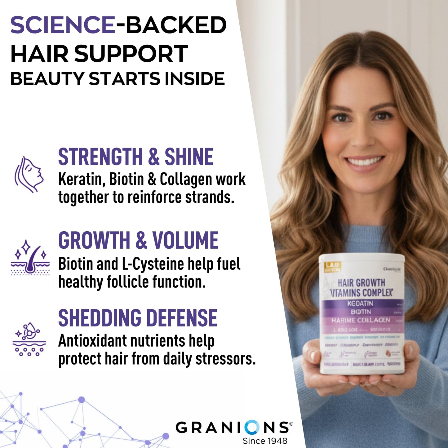Granions Hair Supplements for Hair Growth Powder - 35,000 mcg biotin Collagen Keratin, Strength, Thickness, Loss Support for Women and Men - Collagen Peptides, Biotin 10,000, Keratin, Aminos - 10.5oz
