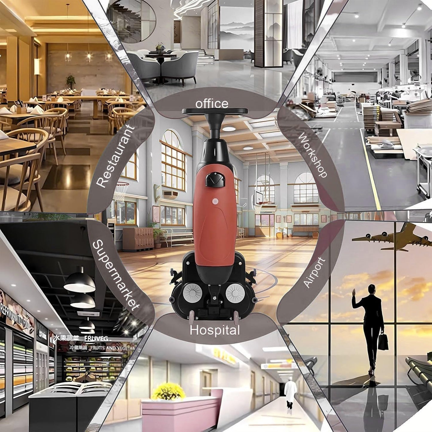 LSHFYV Cordless Electric Floor Scrubber, 17" Commercial Floor Scrubber Machine with Double Brush Disc Battery-Powered Multi-Functional Floor Buffer Machine 360°Rotation, 12916 sqft, 360 RPM Motor Red