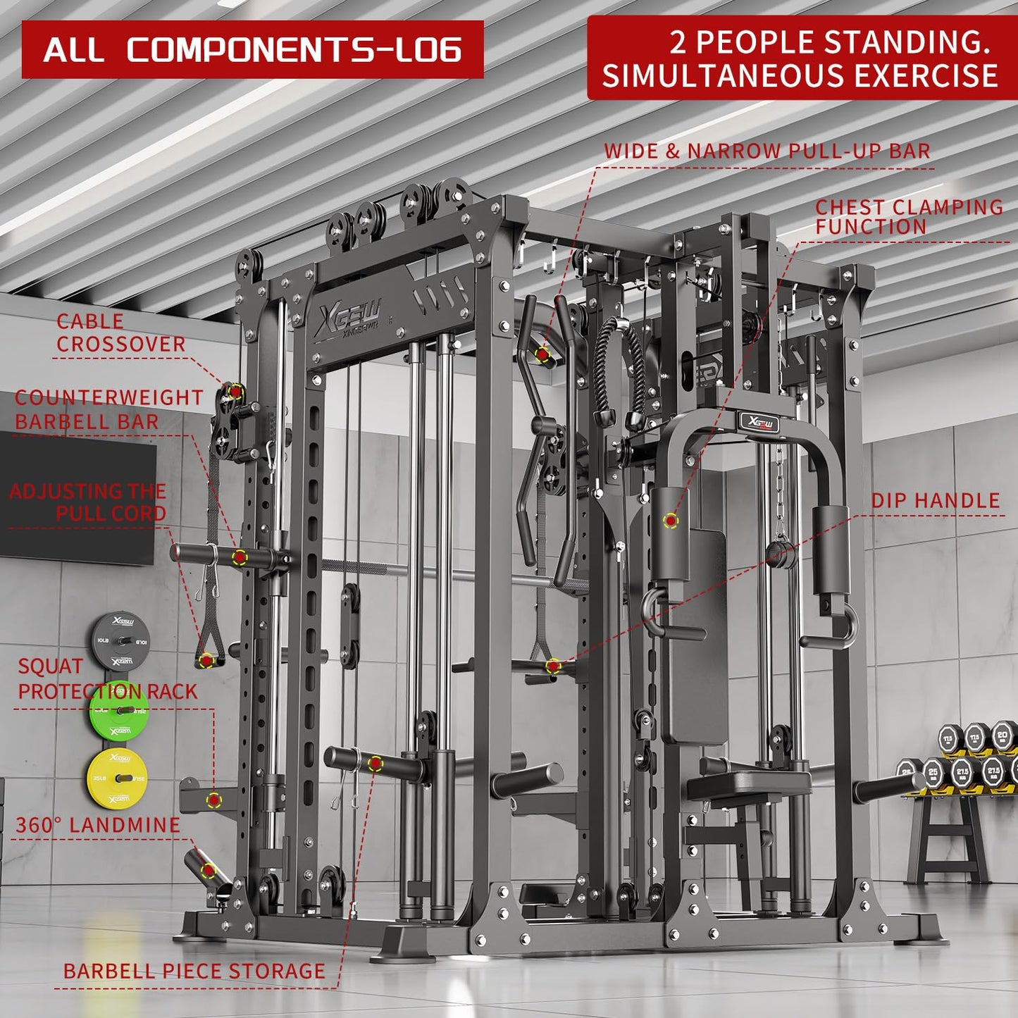 Multi-Purpose Squat Rack,Smith Machine Weight Rack Set with Cable Crossover System, Home Gym Power Racks, Power Racks and Packages (L06 two users, Power cage Black+bench+(pole+Cast lron)250LBS)