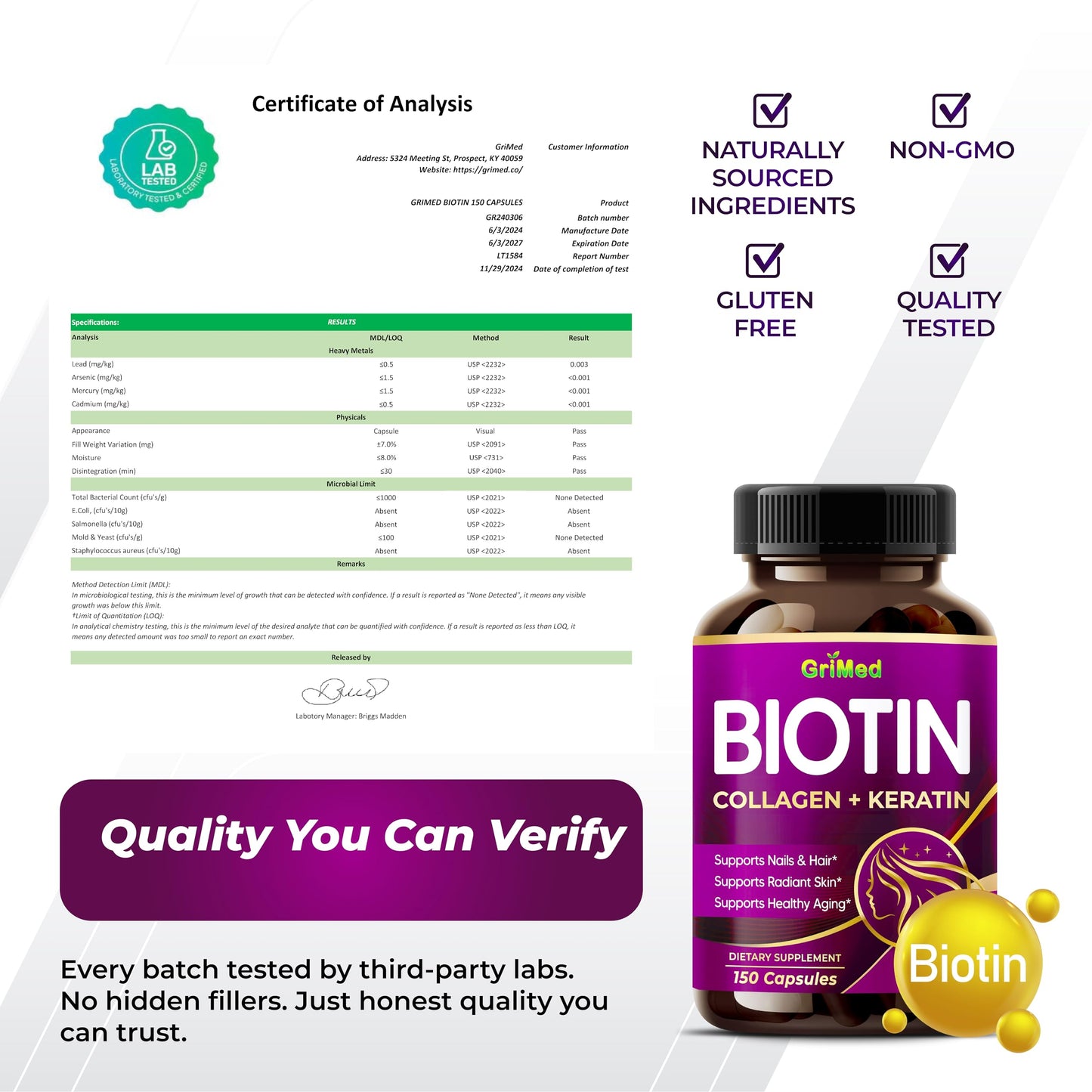 GriMed BIOTIN with Collagen + Keratin 7,275mg Strong Nails & Hair, Radiant Skin, Healthy Aging (150 Count (Pack of 1))