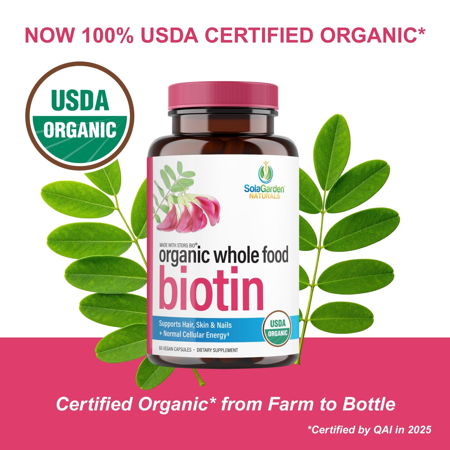 USDA Organic Whole Food Biotin Supplement, Made with Plant-Based Biotin from Sesbania Agati Trees, by SolaGarden Naturals, 60 Non-GMO Vegan Capsules, Supports Hair, Skin, and Nails, Made in USA