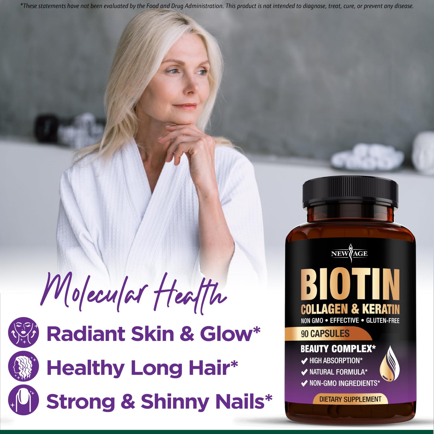 NEW AGE Biotin Collagen Keratin Hyaluronic Acid - 50,000mcg Hair Growth Vitamins for Men and Women, Nails, Hair, Skin Vitamins and DHT Blocker with Vitamin E Folic Acid Pumpkin Seed MSM- 180 Count