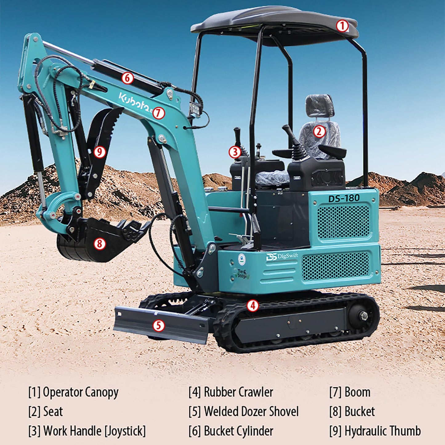 DS-180, 1.8 Ton New Pilot Control KubotaEnigne Diesel Mini Excavator, W/Hydraulic Thumb, Auger, Bucket, US in Stock, Include Delivery & Unloading, 12 Months Parts Replacement Service