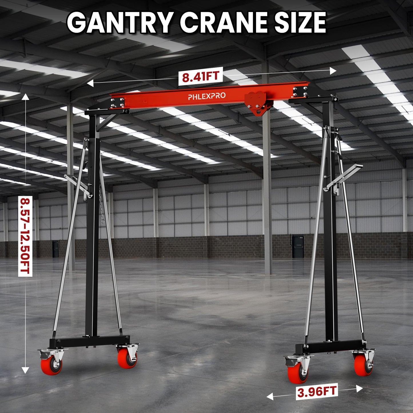 1 Ton Gantry Crane - MAX3000Lbs Portable Hoist Frame with Steel I-Beam Construction, Adjustable Height 8.57-12.50ft, Lifting Gantry for Factories, Garage, Auto Repair, Construction Site, Red