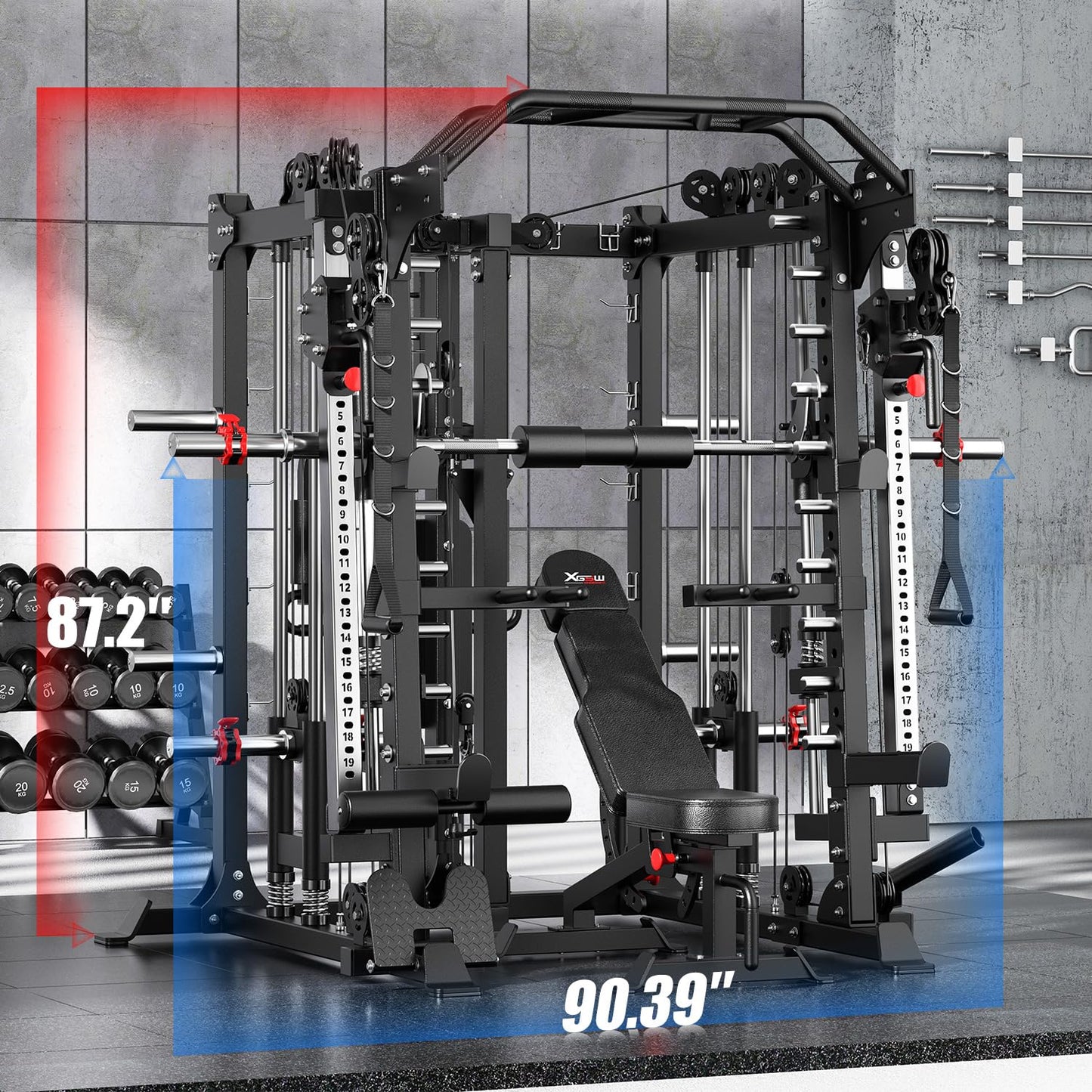Smith Machine，Multi-Function Squat Rack Power Cage with Cable Crossover System,with Optional Weight Bench, Olympic Barbell Weight Set, for Home Gym (Black, L07-Power Cage + Weight Bench)