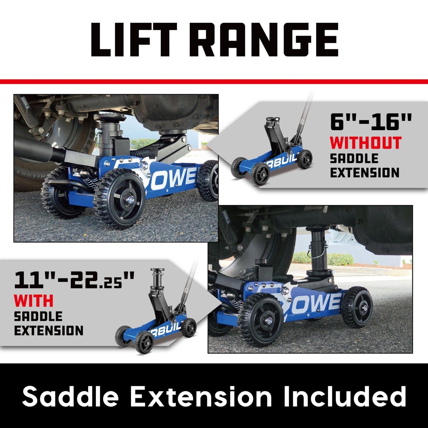 Powerbuilt 1.5 Ton Big Wheel Off Road Jack, Vehicle Lift for Trucks, SUVs, ATVs Offroad Vehicles, Oversized Wheels for Rugged Terrain, 3000 LB Capacity, Blue 620625ECE