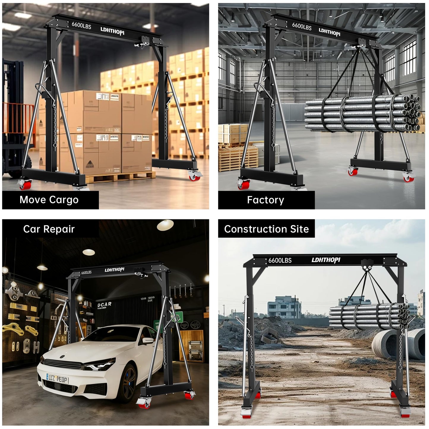 LDHTHOPI 3 Ton Gantry Crane, 6600LBS Adjustable Height 8.53 to 12.47ft with Triangle Base, Portable I-Beam Hoist for Factory, Warehouse, Auto Repair & Construction,Black