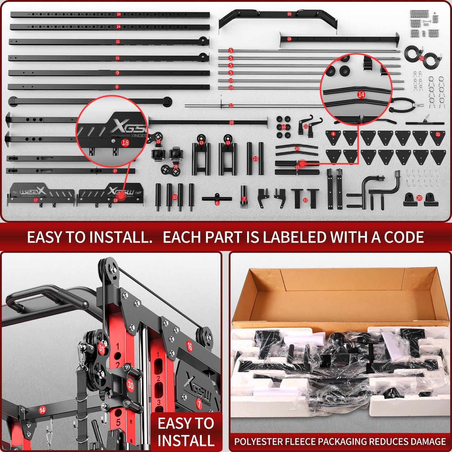 Smith Machine with Cable Crossover System, Multi-Function Power Cage Squat Rack for Home Gym, Power Rack and Packages Weight Sets. (Red, L04-Smith Machine+Weight Bench)