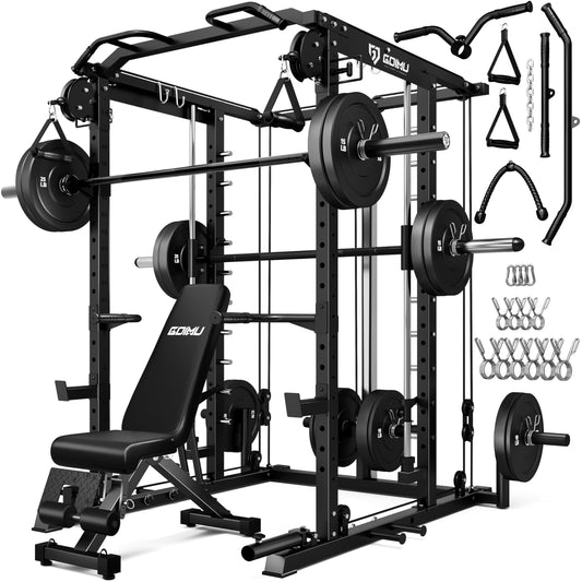 Goimu S1-V4 Smith Machine, 2000LBS Power Cage with Cable Crossover System, All-in-One Squat Rack with Smith Bar, Strength Training Equipment for Hone Gym (Black Smith Machine wiht 340lb Weights&Bar)