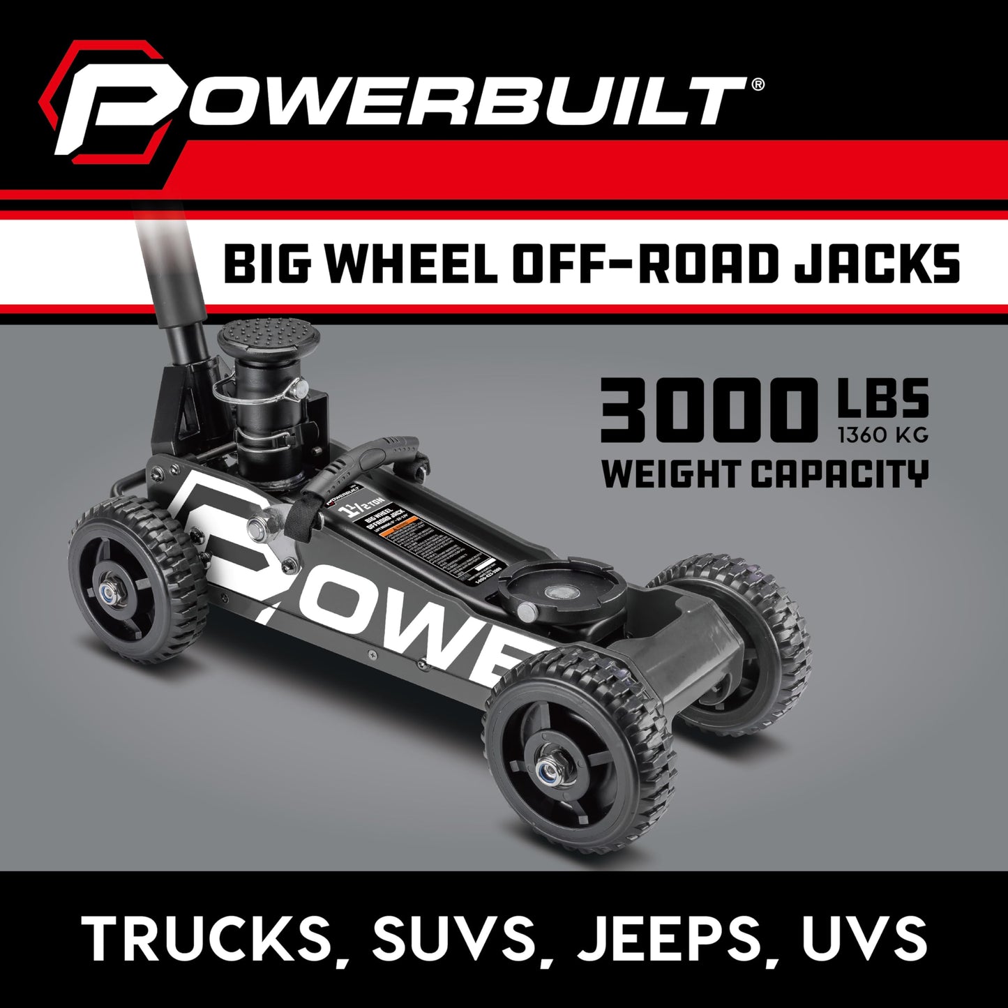 Powerbuilt 1.5 Ton Big Wheel Off Road Jack, Vehicle Lift for Trucks, SUVs, ATVs Offroad Vehicles, Oversized Wheels for Rugged Terrain, 3000 LB Capacity, Grey 620627ECE