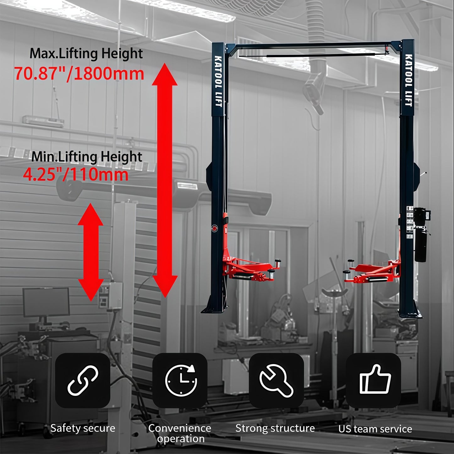 11000 Lbs 2 Post Lift Single Point Lock Release Direct Drive (no Chain) Car Lift with Asymmetry 3+2 Arm with 3.0HP Bucher Pump KT-AS110D Auto Lift Two Post Lift