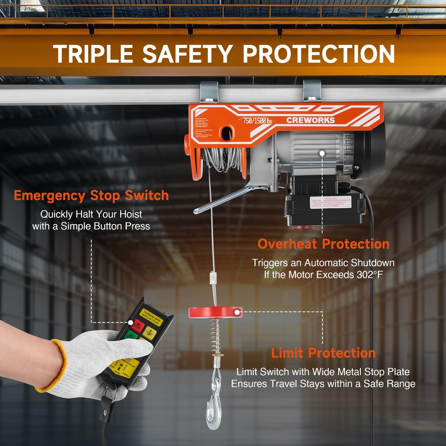 CREWORKS Electric Hoist, 1500lbs Electric Hoist with 328ft Wireless Remote Control 39ft Single Cable Lifting Height, 1150W Single Double Slings Hoist Lift Ceiling Winch for Factory Warehouse Garage