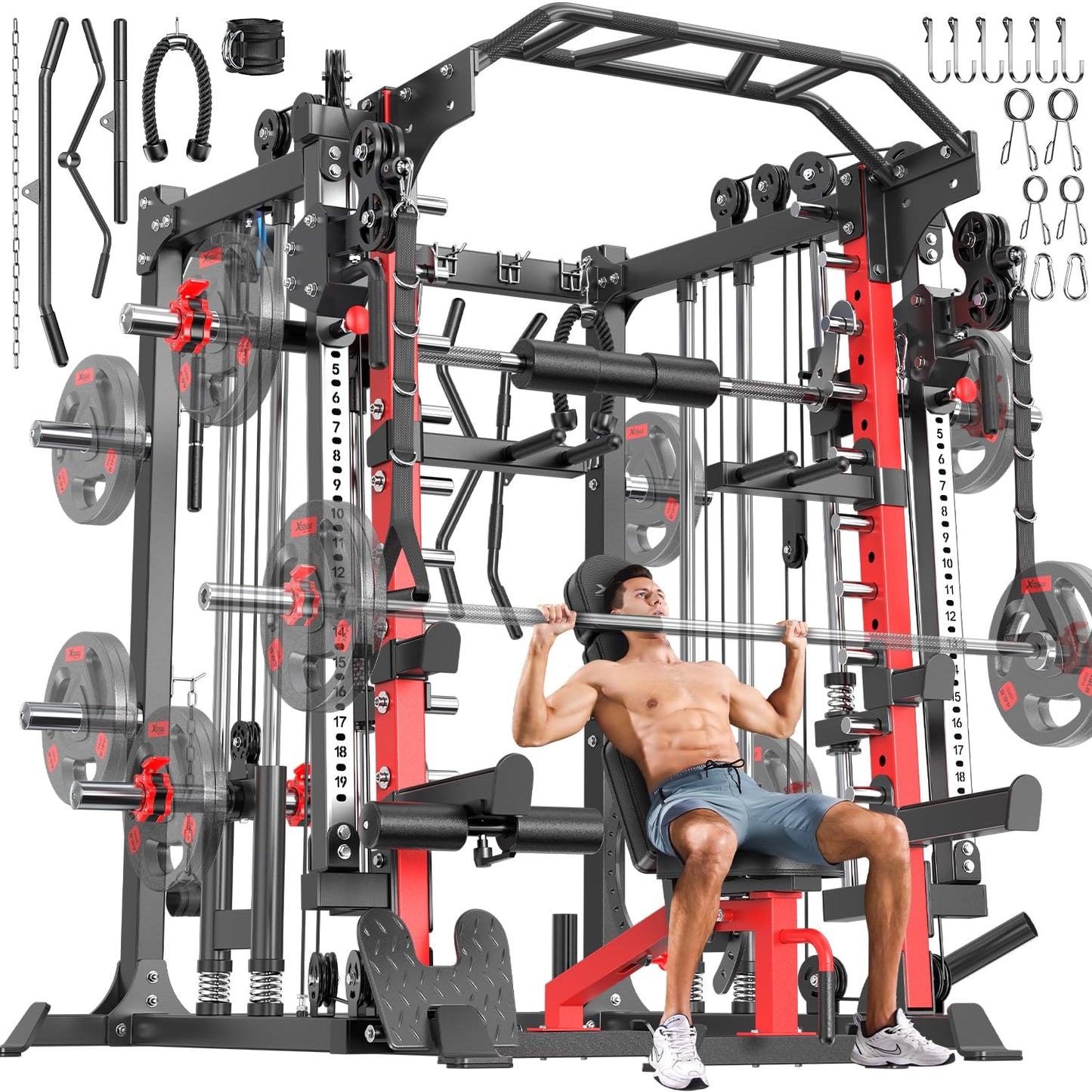 XGSW Smith Machine with Cable Crossover System, Multi-Function Squat Rack Power Cage for Home Gym, Power Rack and Packages Weight Sets (L05, Power cage Red+Bench)