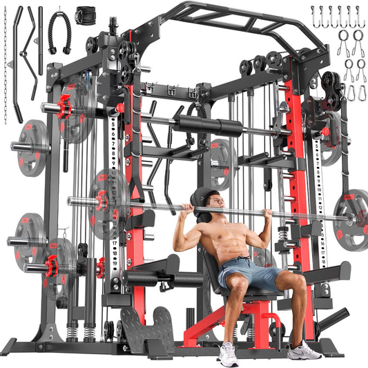 XGSW Smith Machine with Cable Crossover System, Multi-Function Squat Rack Power Cage for Home Gym, Power Rack and Packages Weight Sets (L05, Power cage Red+Bench)