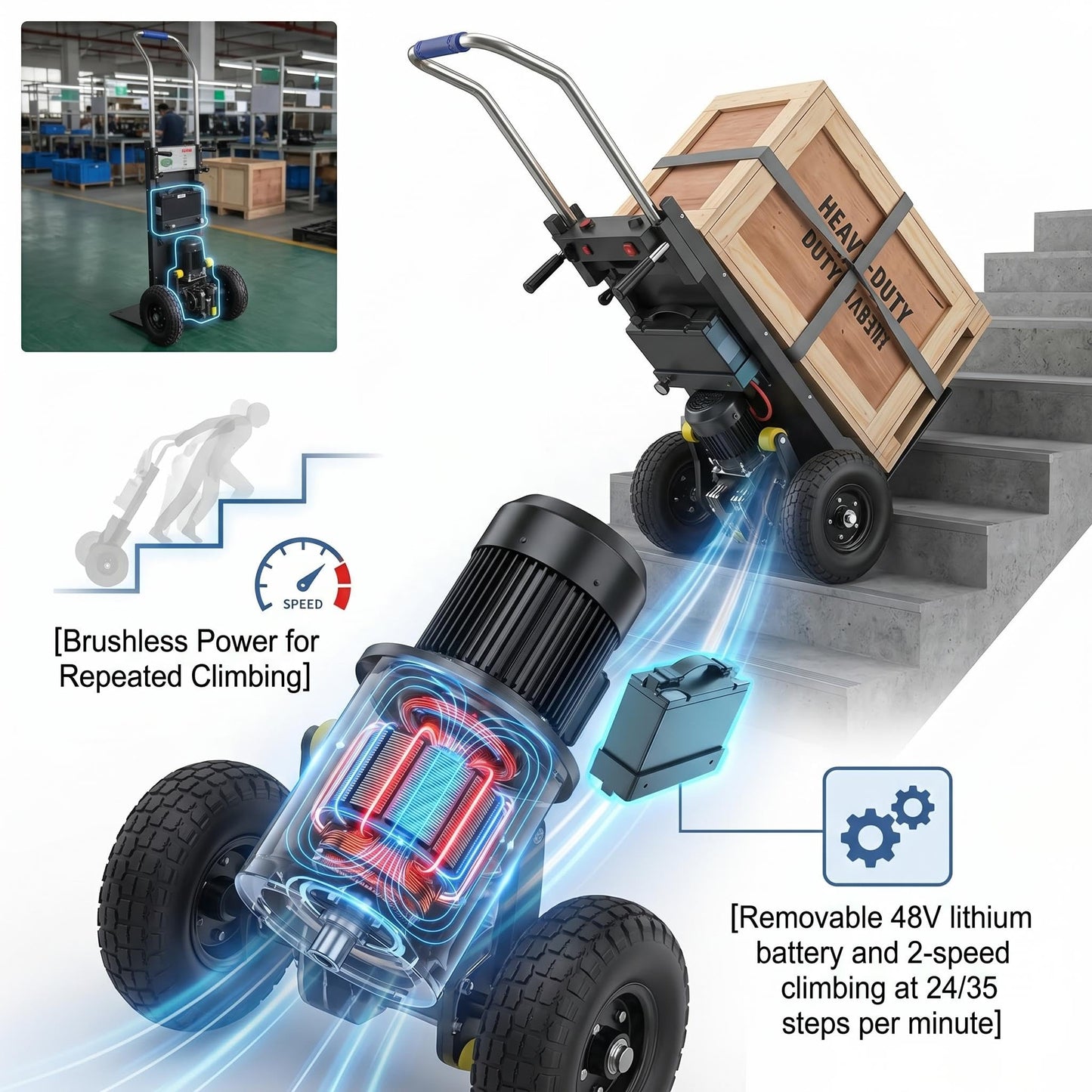 Motorized Hand Truck, 1600 lbs Capacity, Electric Dolly for Stairs 2500W Foldable Stair Climbing Cart with Telescopic Handle & Solid Rubber Wheels for Moving Heavy Boxes & Appliances (Black)