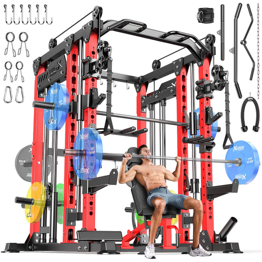 Smith Machine with Cable Crossover System, Multi-Function Power Cage Squat Rack for Home Gym, Power Rack and Packages Weight Sets. (Red, L04-Smith Machine+Weight Bench)