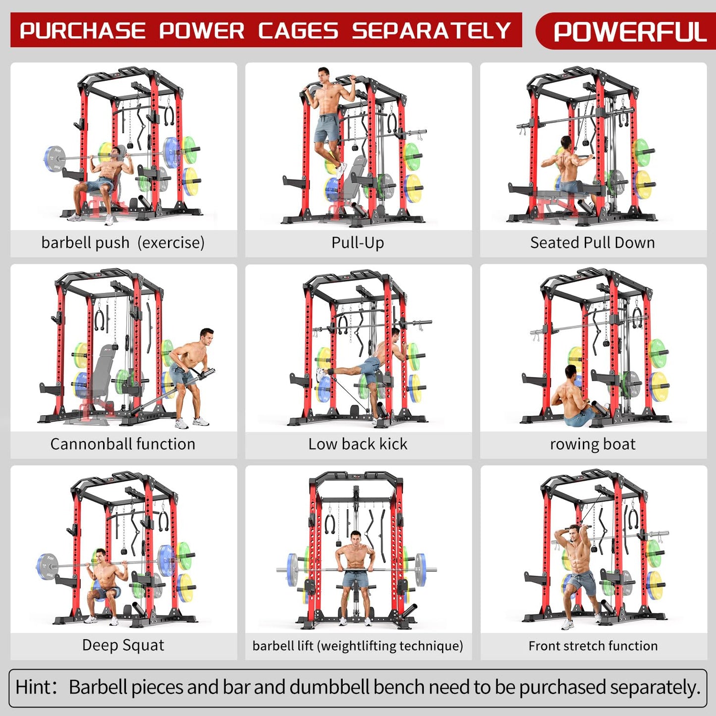 Power Rack Power Cage Multi-Function Squat Rack with Cable Crossover System Selectable More Training Attachment Power Rack for Garage & Home Gym (Black, A Set L01 Power Cage)