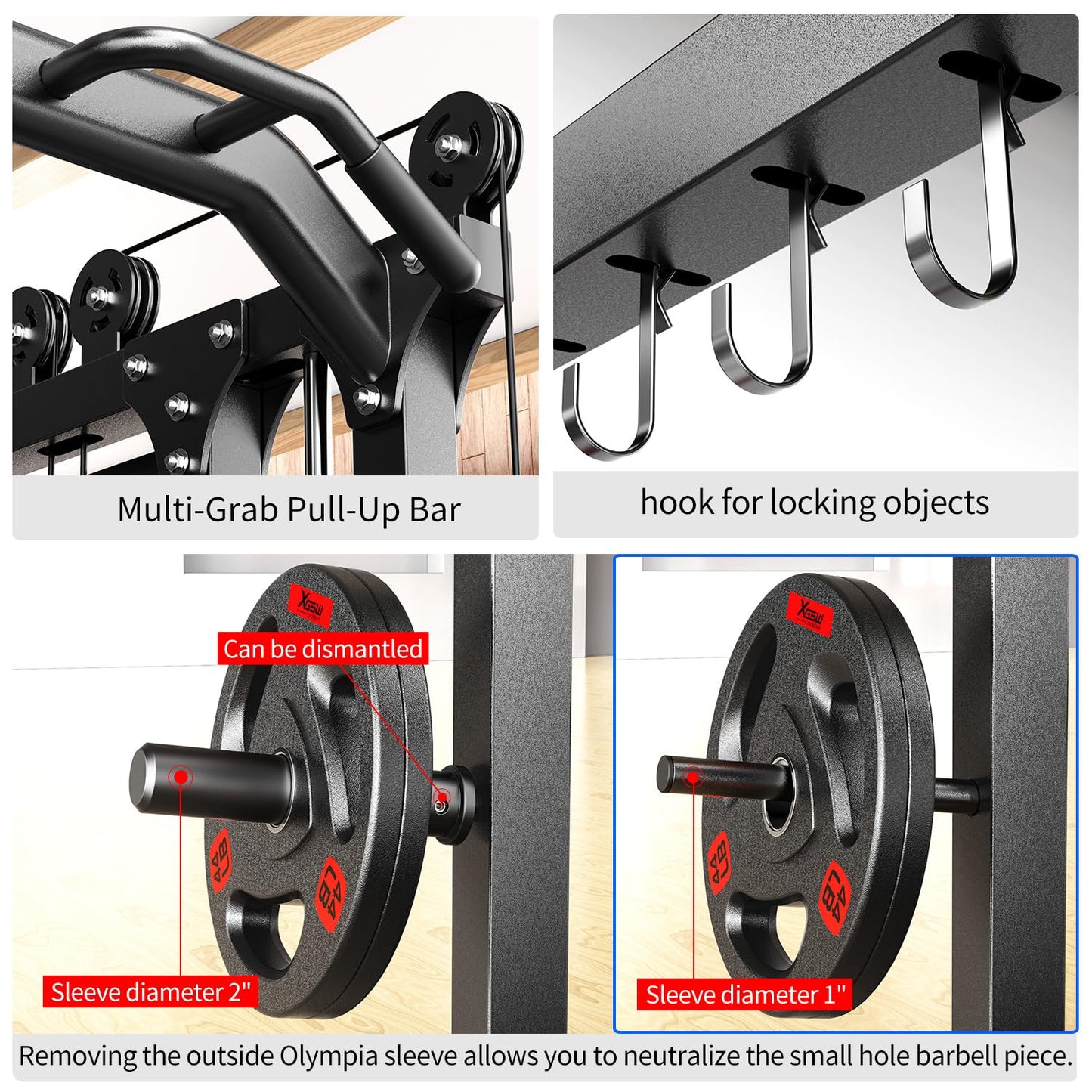 Multi-Purpose Squat Rack,Smith Machine Weight Rack Set with Cable Crossover System, Home Gym Power Racks, Power Racks and Packages (L06 two users, Power cage Black+bench+(pole+Cast lron)250LBS)