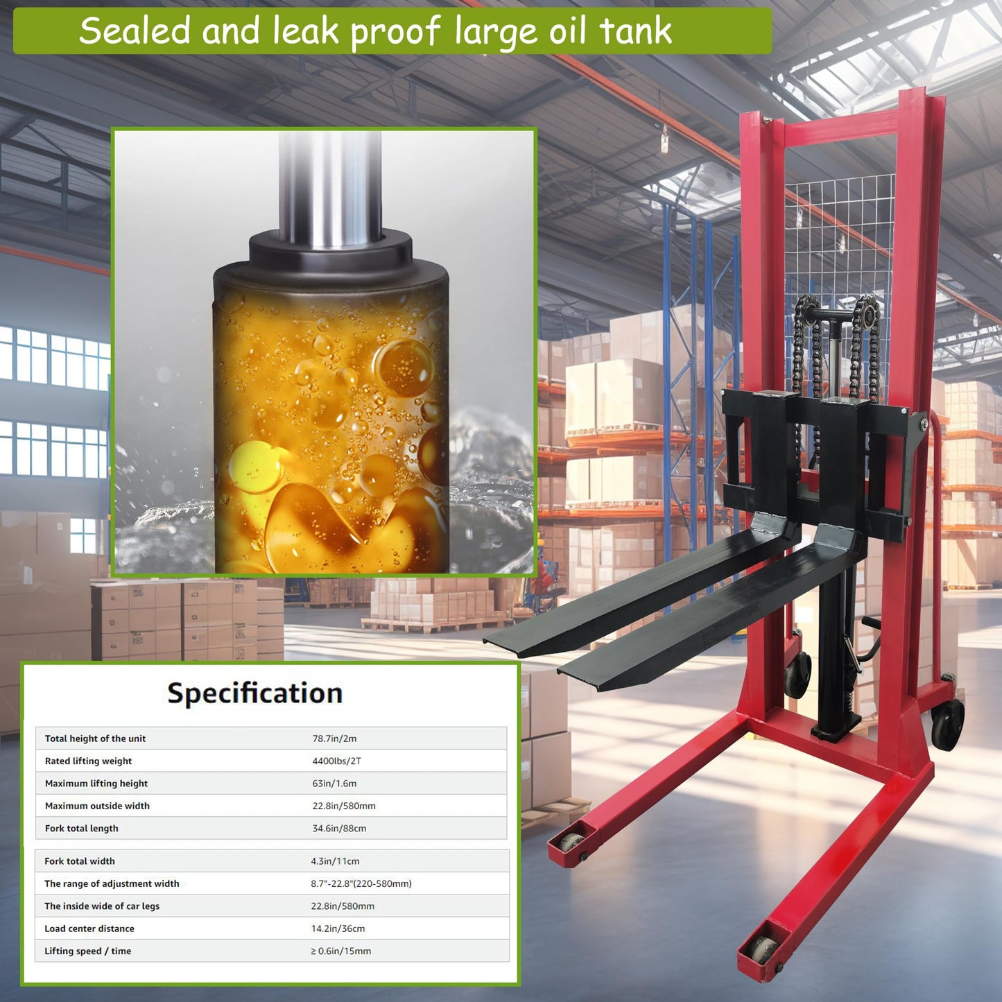 TECHTONGDA Manual Pallet Stacker, 4400 lbs Capacity, 63inch Lift Height Adjustable, Material Lift Winch Stacker, Hydraulic Forklift for Single Sided Pallet, Truck Dolly for Warehouse & Factory
