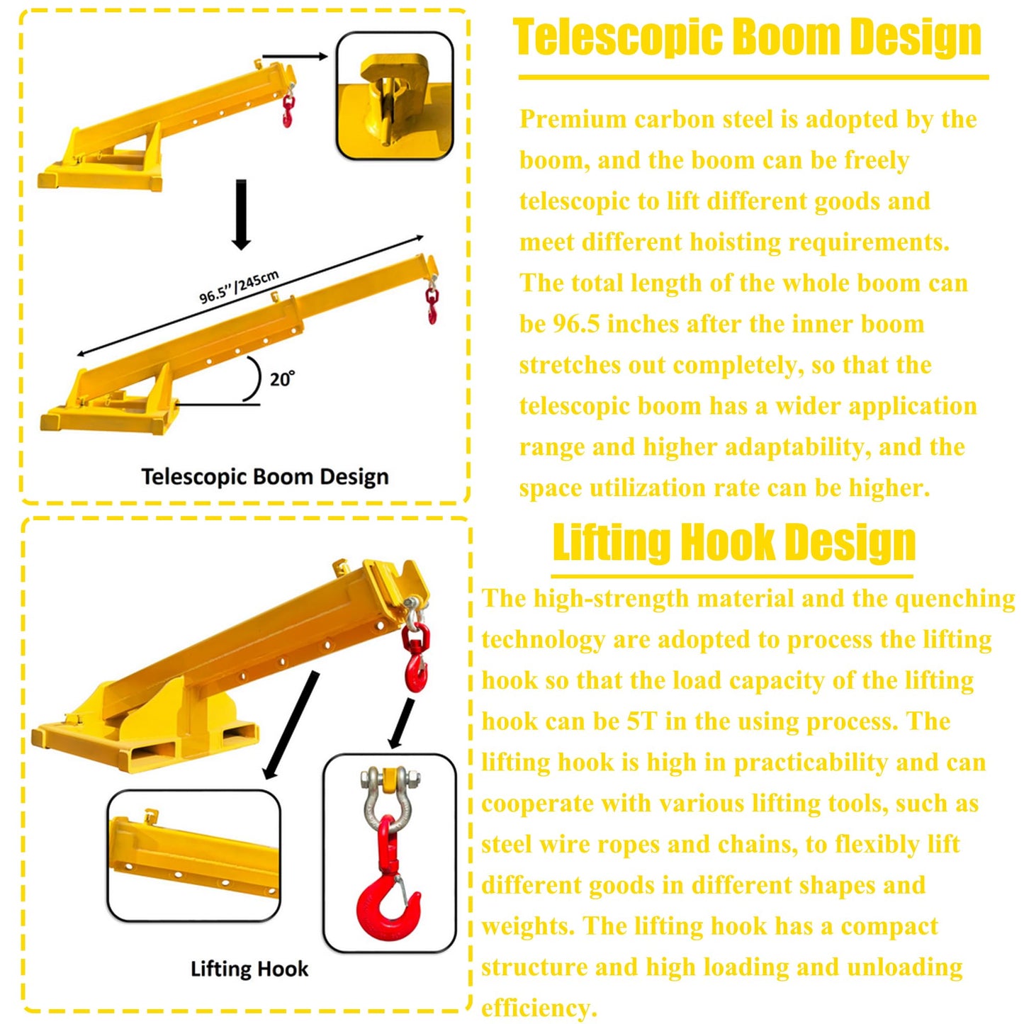 HQHAOTWU Forklift Jib Boom Crane 11000lbs Capacity Telescoping Mobile Crane Industrial Adjustable Forklift Lifting Hoist Truss Jib Boom Hook Manual Telescopic 63in-96.5in for Warehouse & Factories