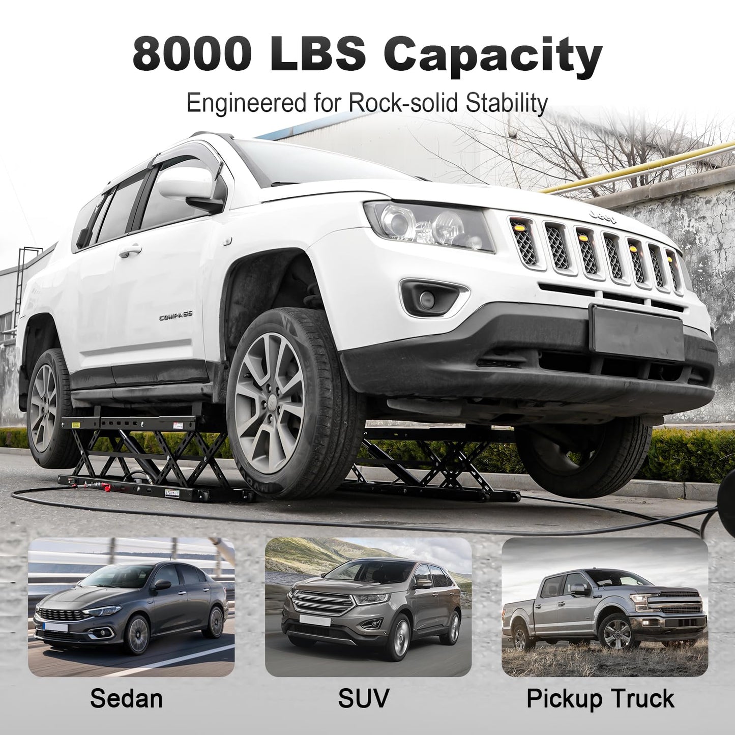 BILT HARD 8000 lb Portable Car Lift, Hydraulic Mid-Rise Auto Lift with 27.4" Max Height, Low Profile 4.48", Heavy-Duty Lift for Sedans, SUVs & Trucks