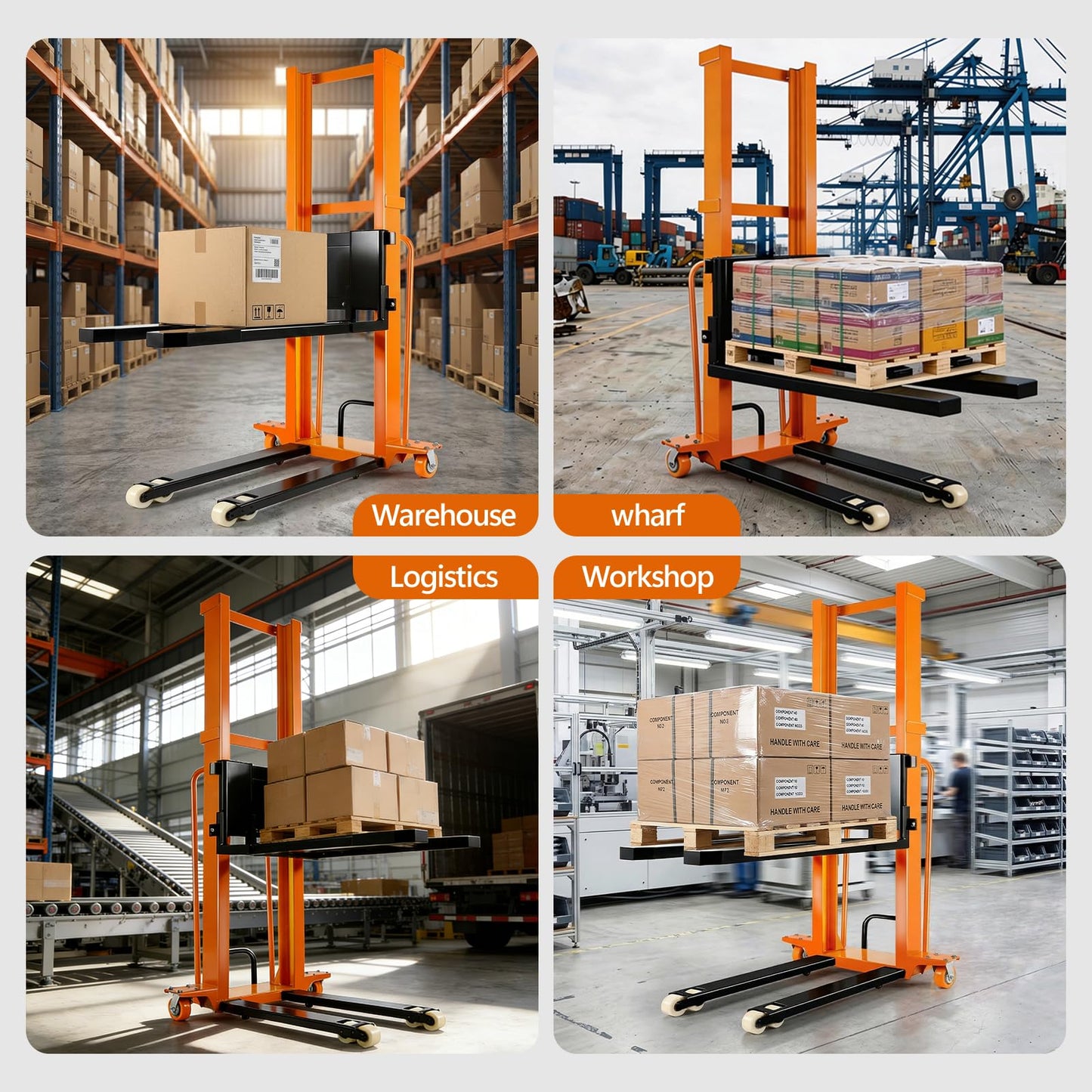 Material Lift Winch Stacker with Swivel & Rubber Wheels, 1100lbs Capacity Adjustable Straddle Material Lifter, Manual Material Lifts, Hand Winch Lift Trucks for Warehouse, Logistics, Factory