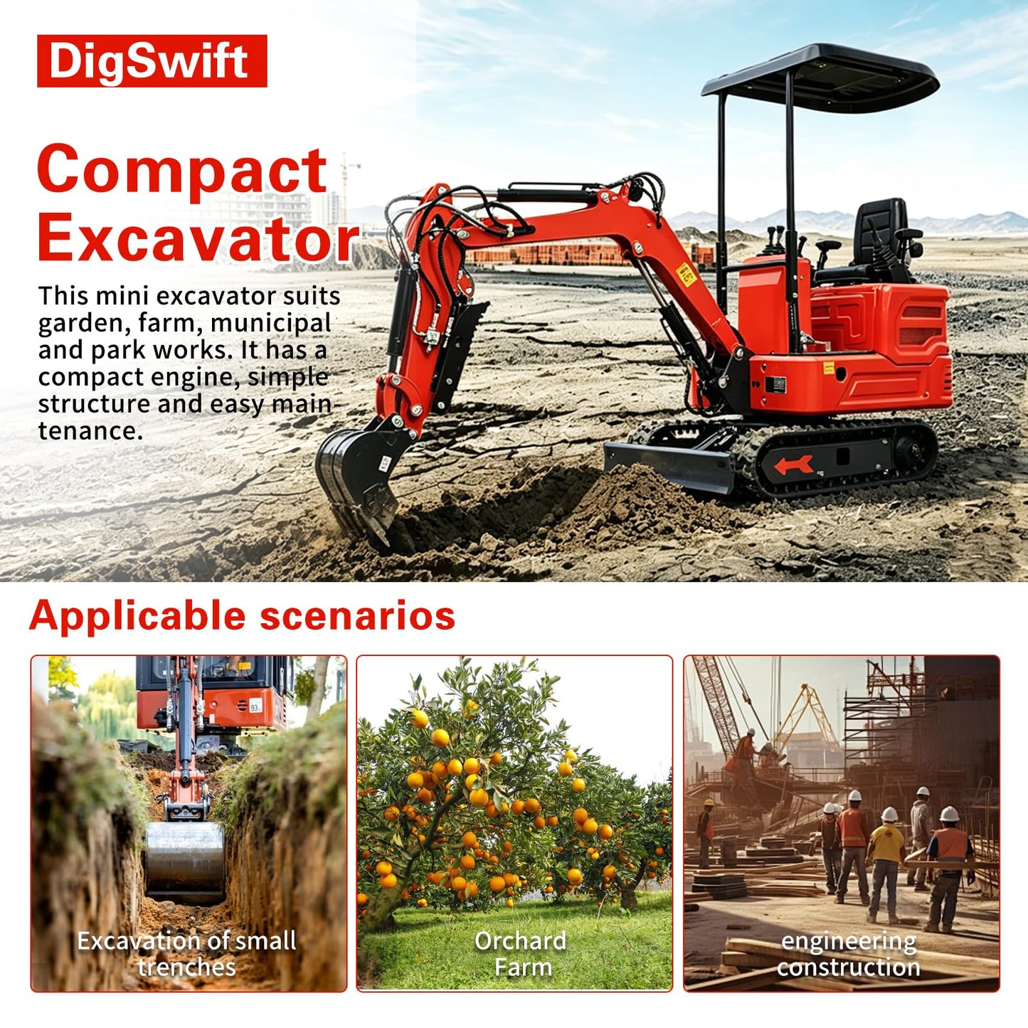 Customized 1-4 Tons KubotaEnigne Diesel Mini Excavator, w/Pilot System, Full Hydraulic System, Water Cooling, Hydraulic Thumb Clamp, Bucket, Work for Any Occasions, US in Stock