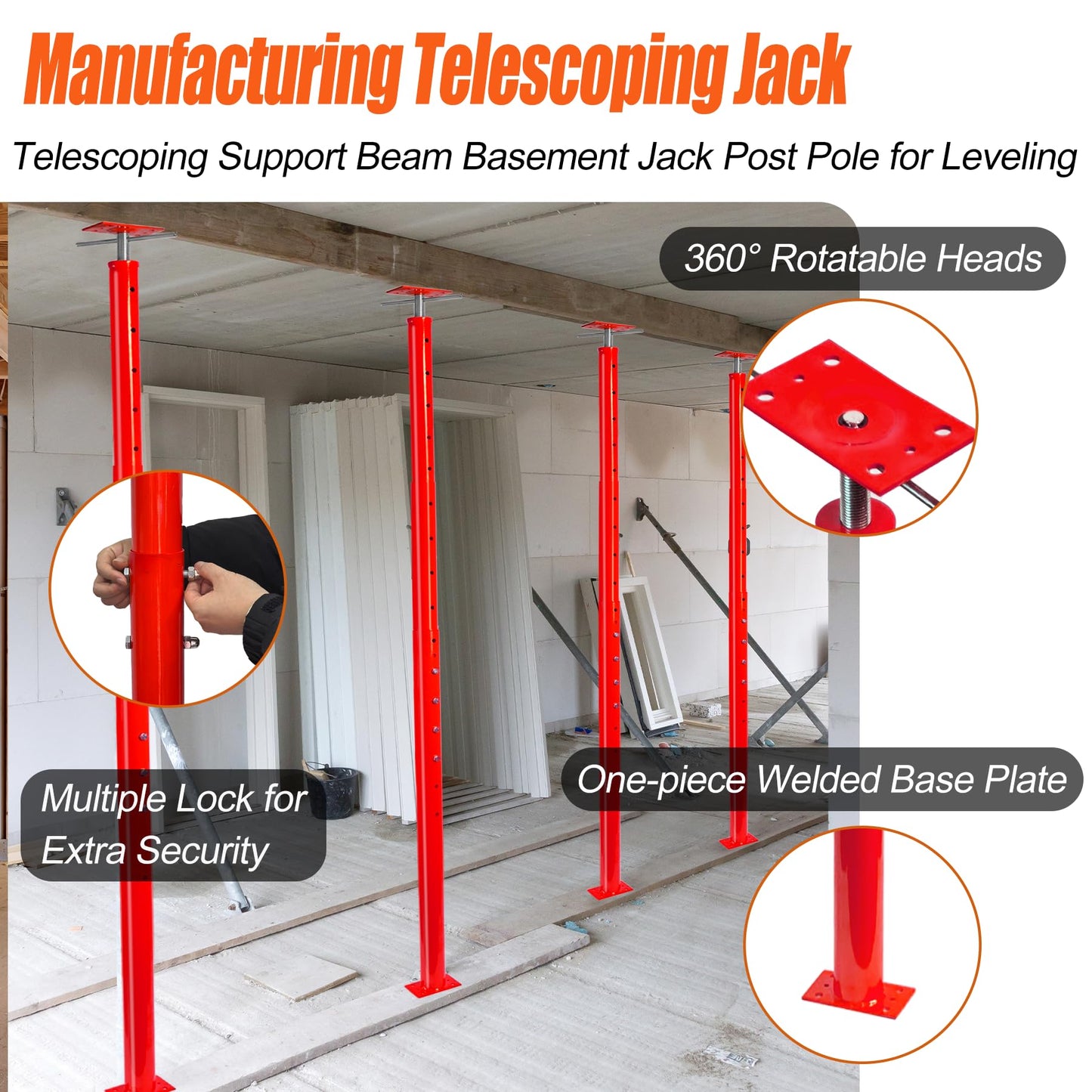 House Floor Jacks Post Pole for Leveling, 54"- 155" Height Range Lifting Shore House Jack Post, Adjustable Support Beam Basement House Jacks for Temporary Support, 18000 lbs Max Load Capacity