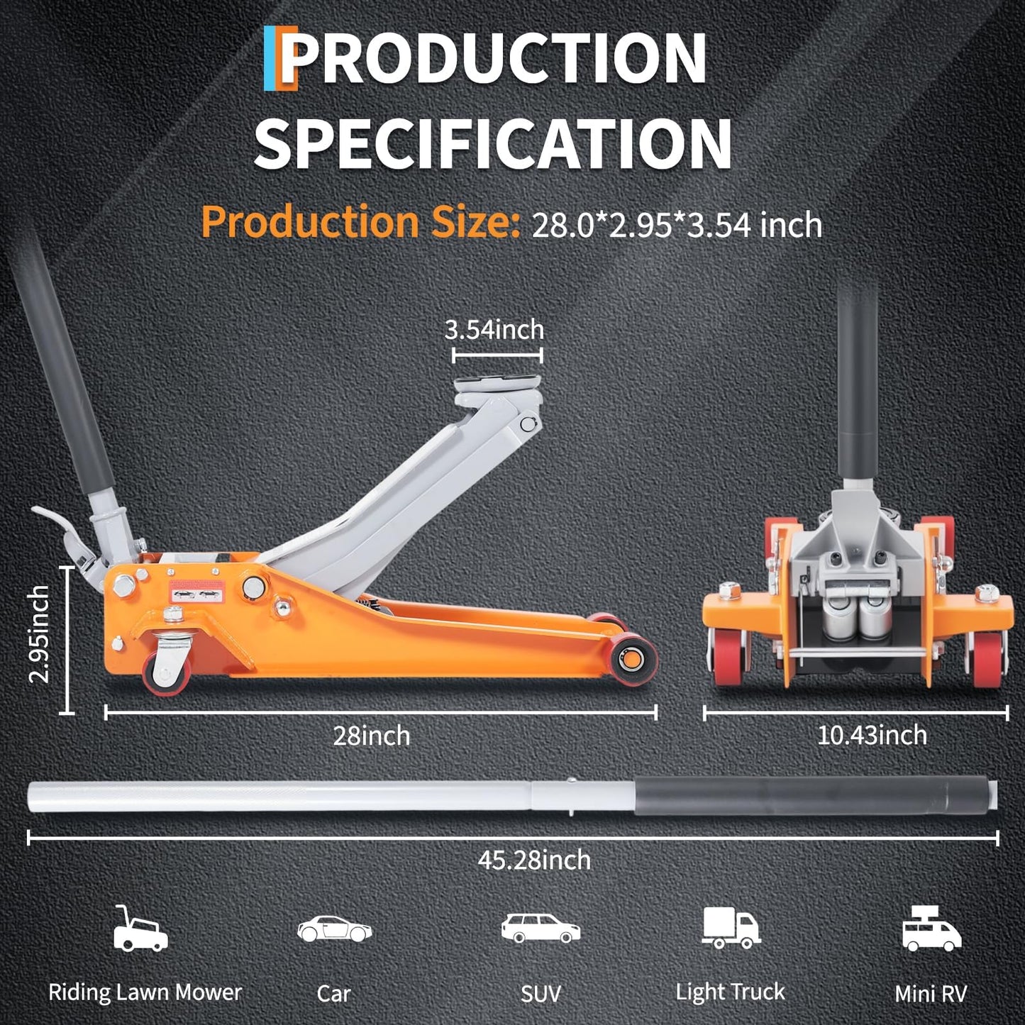 Patikuin 3 Ton Heavy Duty Ultra Low Profile Hydraulic Racing Floor Jack - Dual Piston Quick Lift Pump - Aluminum & Steel Construction - 2.95–16.54 Inch Lifting Range for Car, SUV, Truck, Garage - Slow