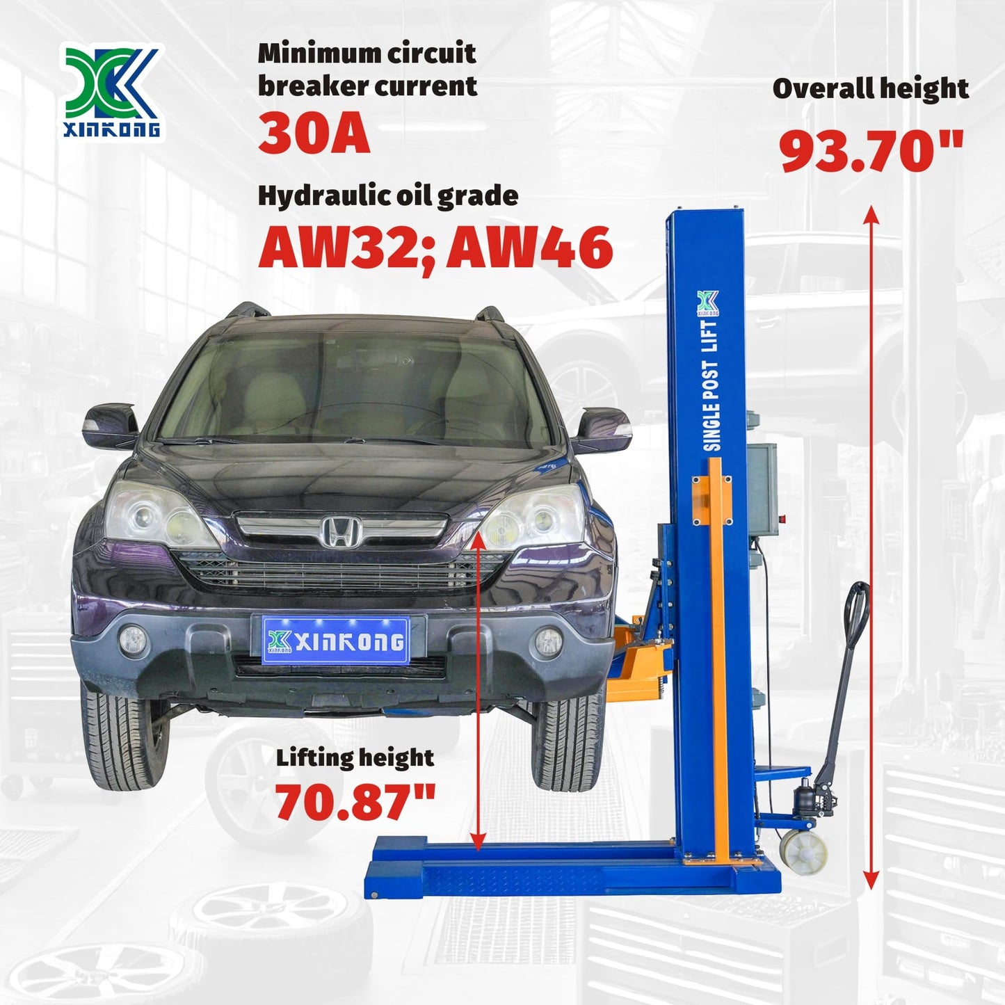 XK-6200-E Mobile Single Post Electric Unlock Lift Maximum Lifting Capacity of 6200 lbs with 12 Months Parts Replacement