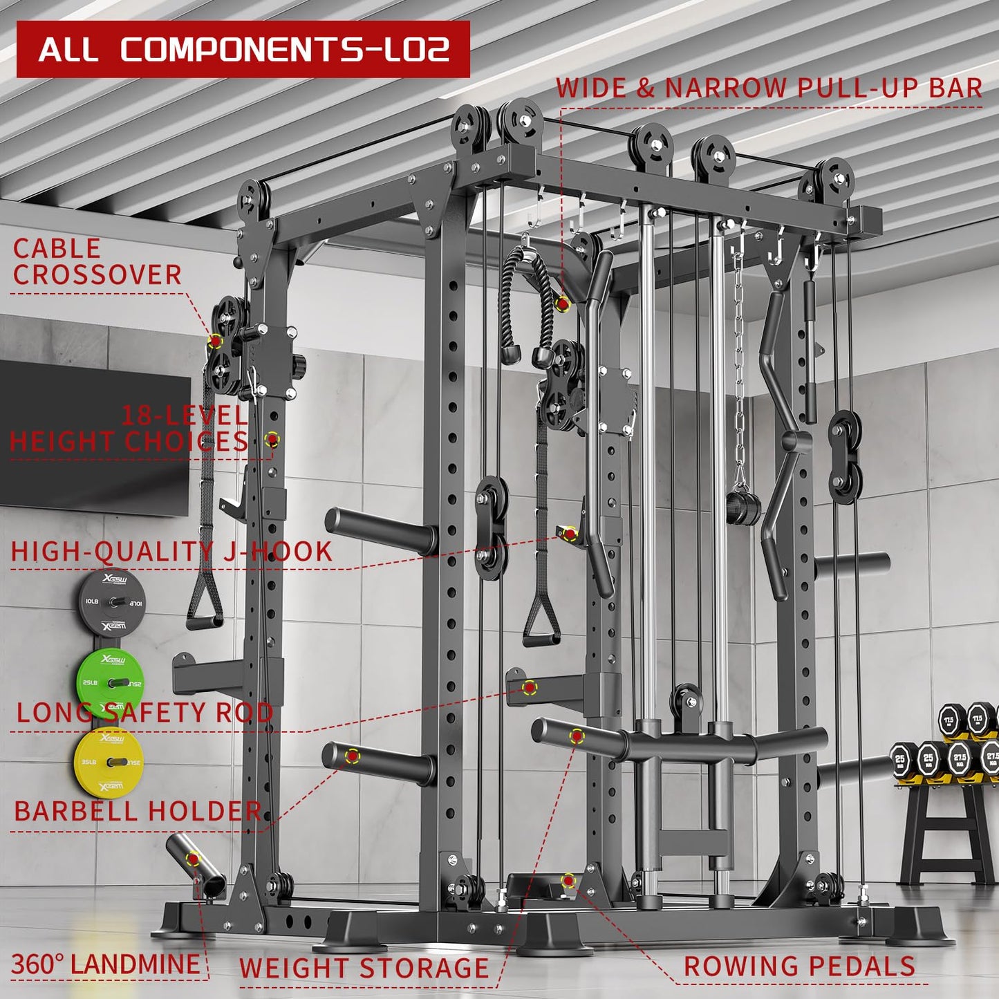 XGSW XINGESIWR Multi-Purpose Squat Rack,Smith Machine Weight Rack Set with Cable Crossover System, Home Gym Power Racks, Power Racks and Packages (L02, Power cage Black+Bench+Color BP 230LBS)