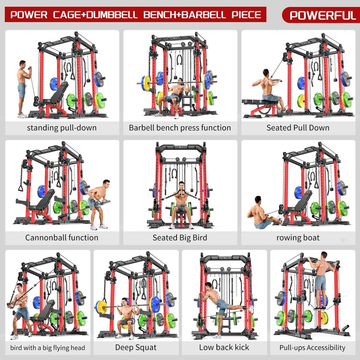 XGSW XINGESIWR Multi-Purpose Squat Rack,Smith Machine Weight Rack Set with Cable Crossover System, Home Gym Power Racks, Power Racks and Packages (L02, Power cage Red+Bench+Color BP 230LBS)