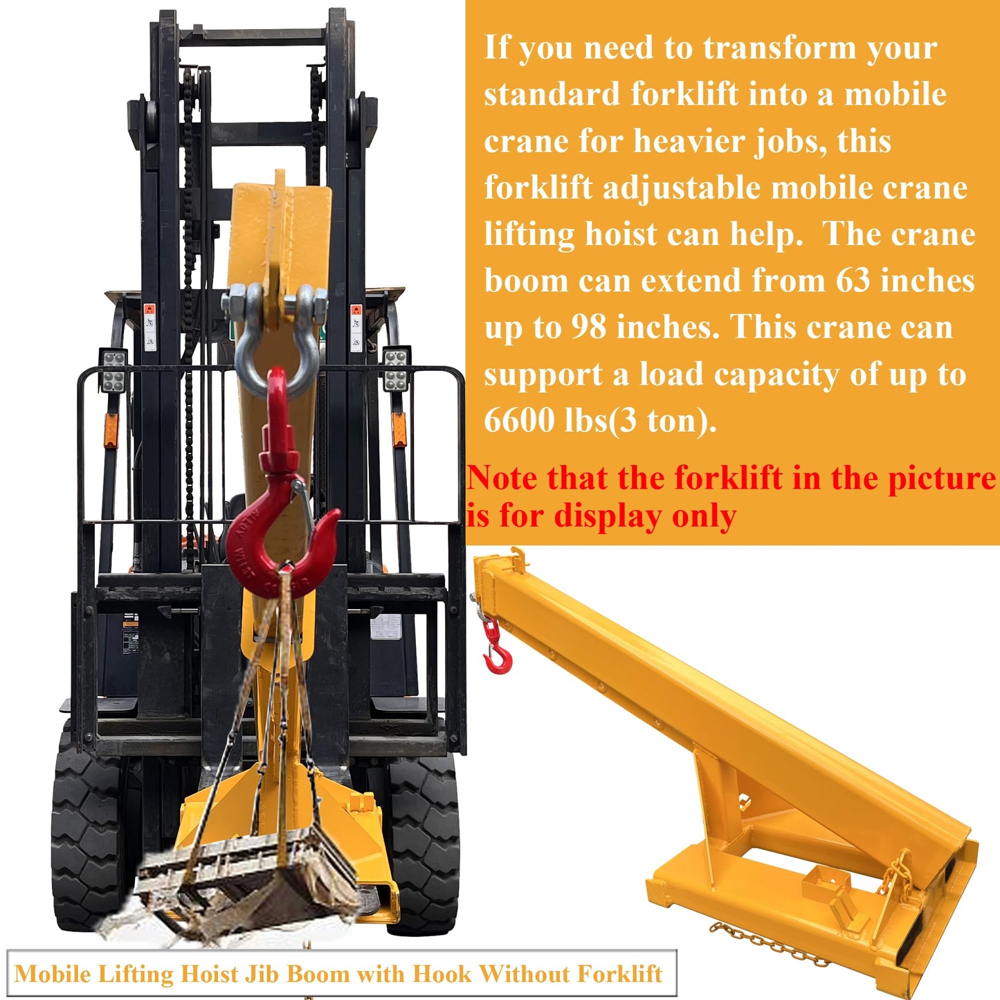 HQHAOTWU Forklift Jib Boom Crane 6600lbs Capacity Telescoping Mobile Crane Industrial Adjustable Forklift Lifting Hoist Truss Jib Boom Hook Manual Telescopic 63in-98in for Warehouse & Factories