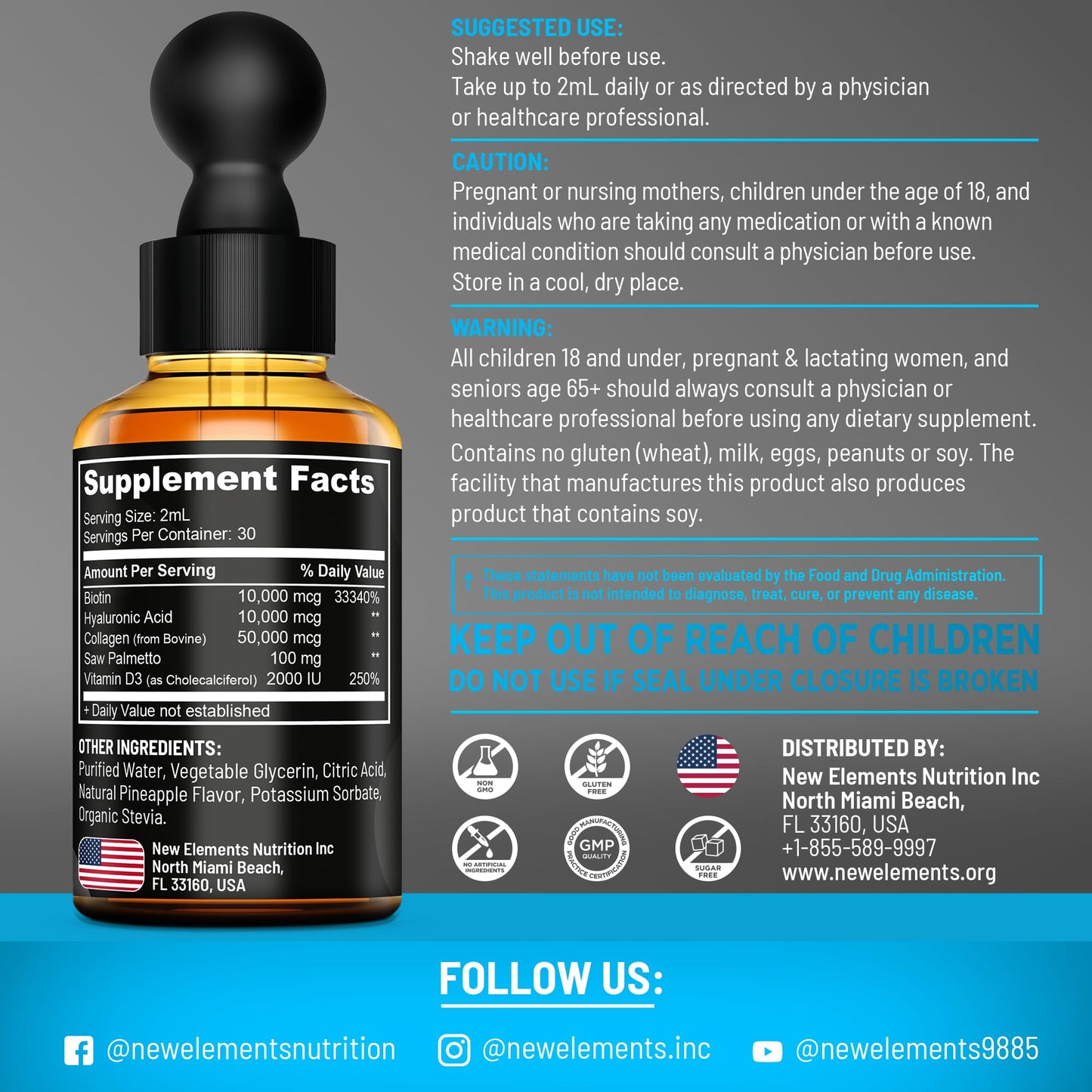 Liquid Biotin for Hair Growth Women & Men 10000mcg | Biotin and Collagen Supplements with Saw Palmetto & Hyaluronic Acid | Biotin Drops for Hair Growth with Vitamin D3 for Hair Skin and Nails