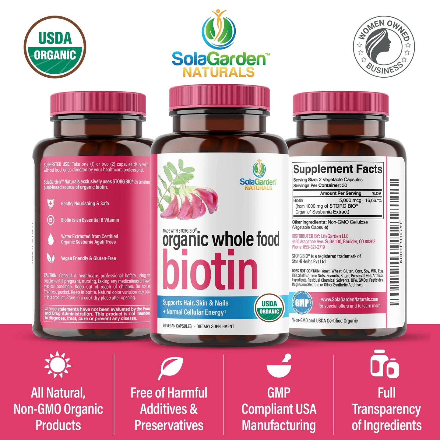 USDA Organic Whole Food Biotin Supplement, Made with Plant-Based Biotin from Sesbania Agati Trees, by SolaGarden Naturals, 60 Non-GMO Vegan Capsules, Supports Hair, Skin, and Nails, Made in USA