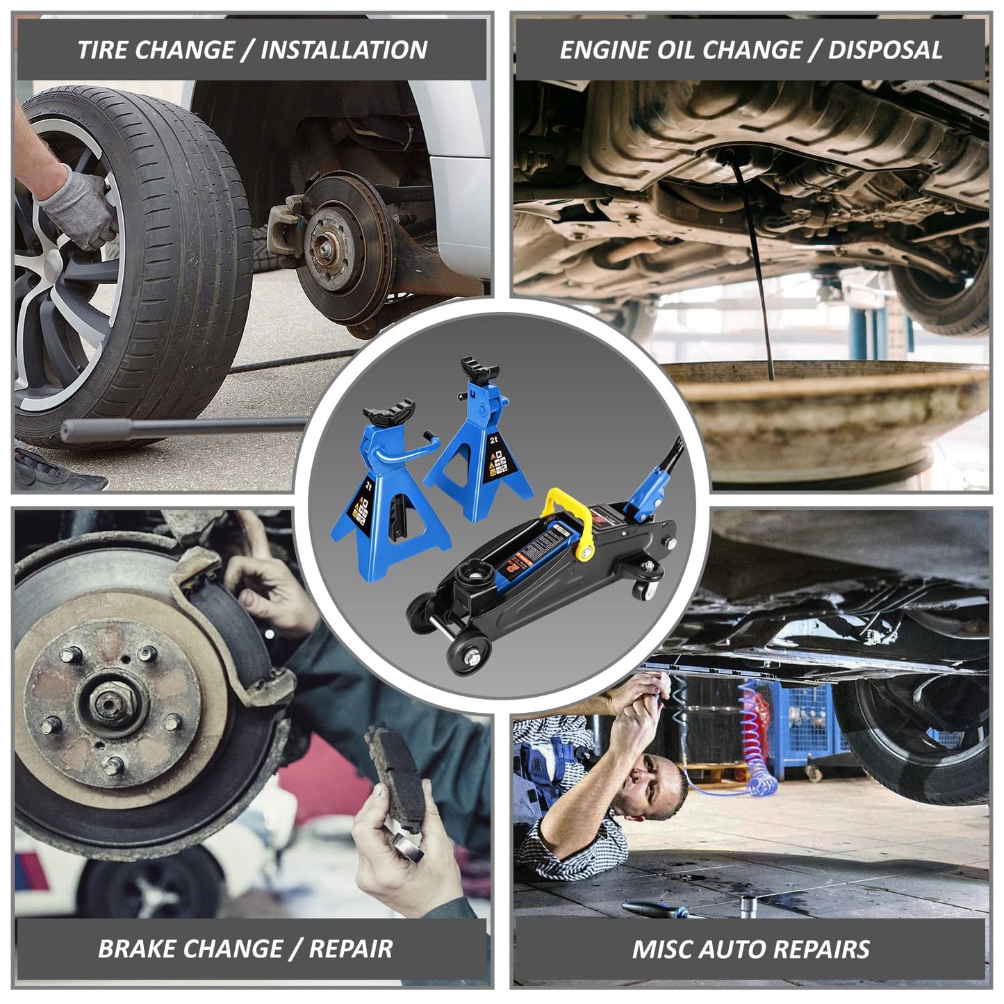 PM PERFORMOTOR Low Profile Hydraulic Trolley Service/Floor Jack Combo with 2 Ratchet Jack Stands, 2 Ton (4000 lbs) Capacity, Blue, PM-TOL-FJ3P-BL