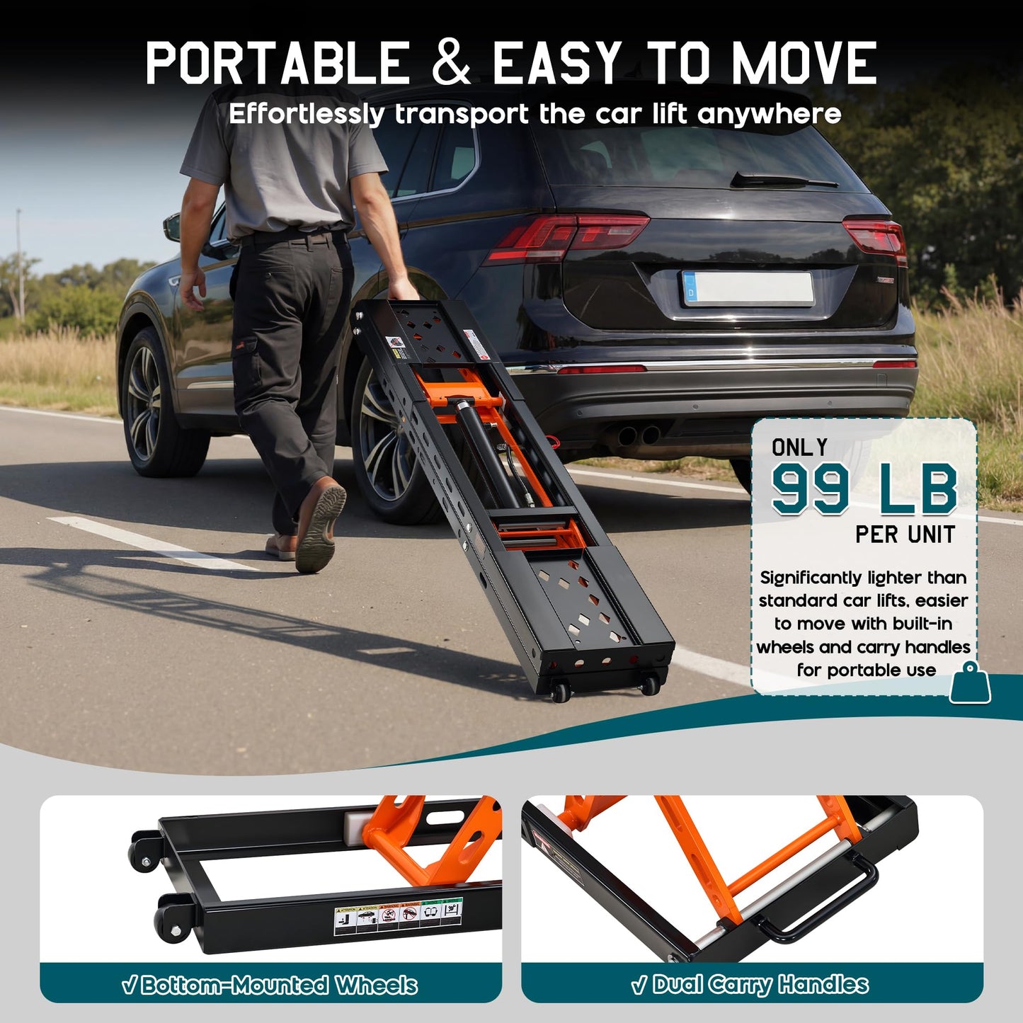 Albott 5000 LBS Portable Car Lift, Q355B Steel Quick Jack for Home Garage, 20.1" Max Height with Height Extension Blocks, Foldable Design & Wheels, Black & Orange