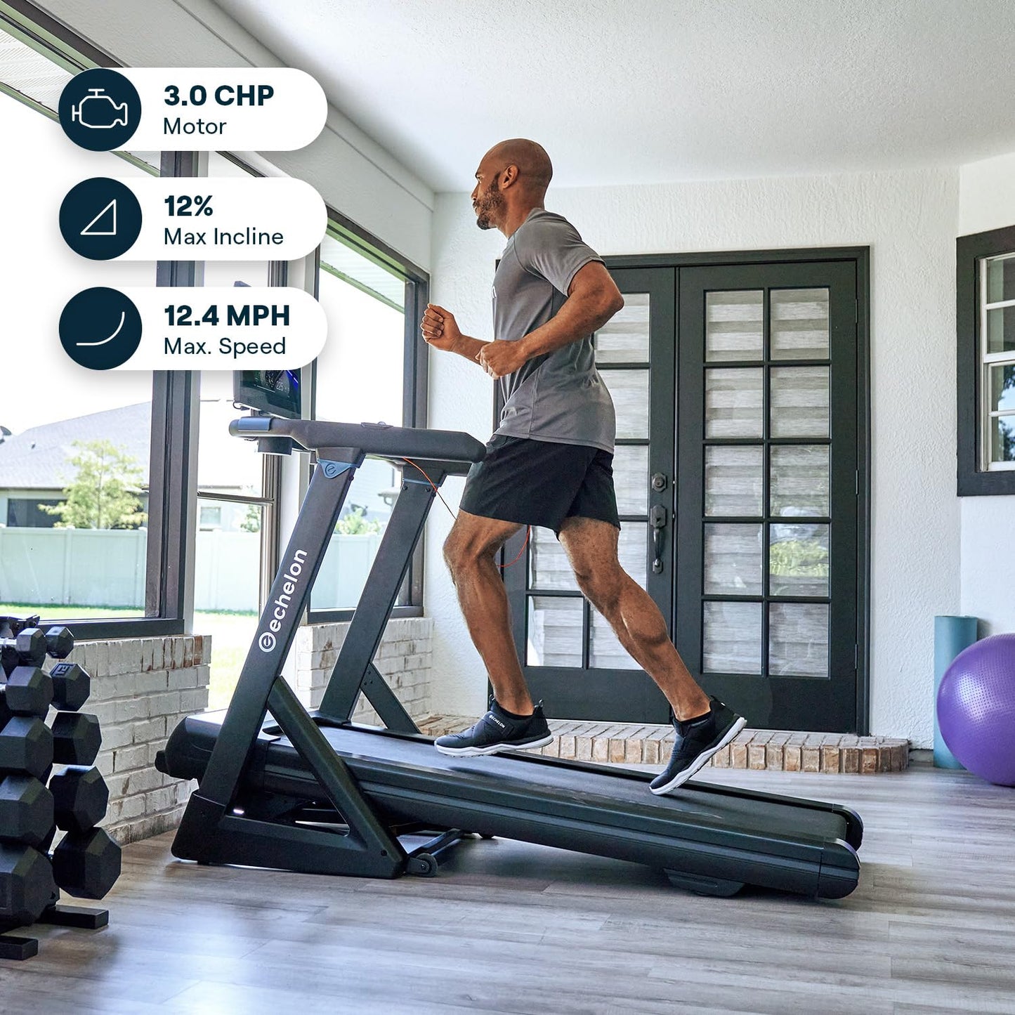 Echelon Stride 4S+22 Treadmill | 22” HD Touchscreen, 3.0 CHP Brushless Motor, 10% Incline, Foldable Home Gym, Heart Rate Sensors, Device Tray, Water Bottle Holders