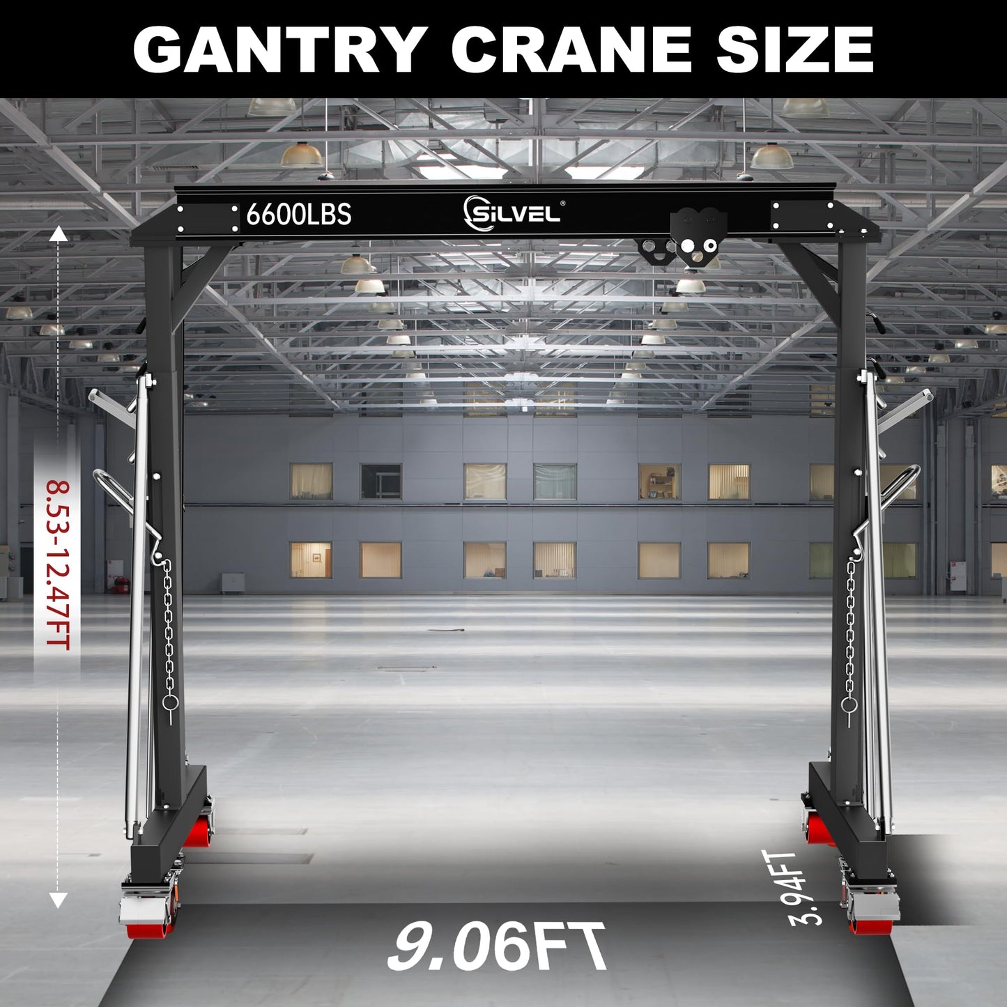 SILVEL 3 Ton 6600Lbs Gantry Crane, 8.53FT Maximum Working Width, Adjustable Height 8.53-12.47FT, Portable Shop Lift Hoist with 3 Ton Manual Trolley for Factories, Warehouses, Garage, Black