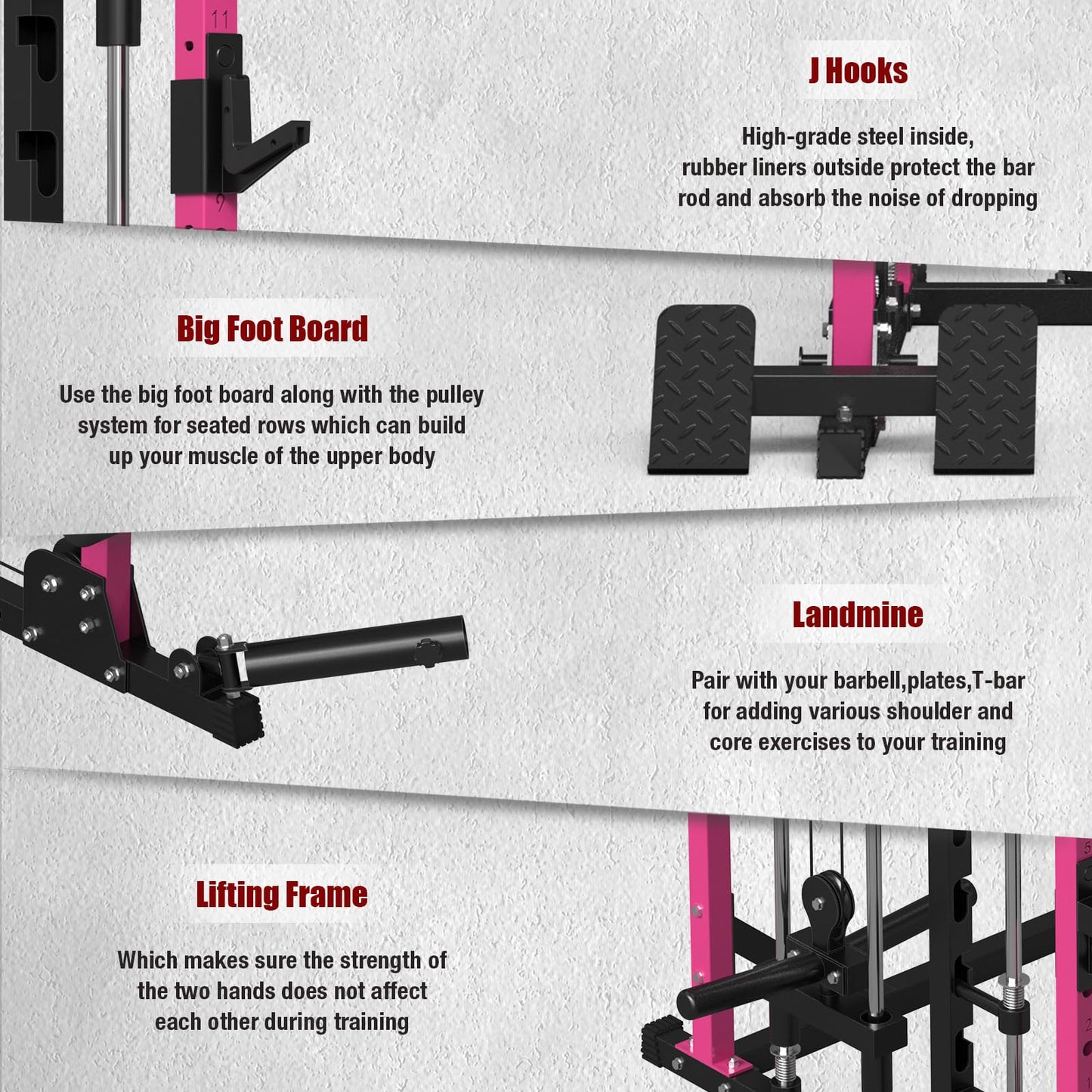 ONNO Smith Machine, 2200lbs Squat Rack with LAT-Pull Down & Cable Crossover System, Multi-Function Power Cage for Home Gym with Leg Hold-Down Attachment Pink