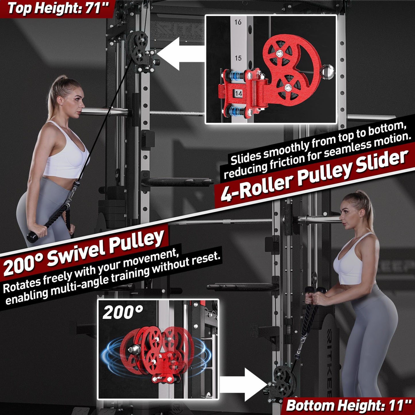 Home Gym Smith Machine with 320lb Weight Stacks – 6-in-1 Power Rack, Crossover, Pull-Up & Dip Station, Full Body Strength Training – RitKeep PMAX-5600 Pro (Black (Pro) with Red Bench(320LB))