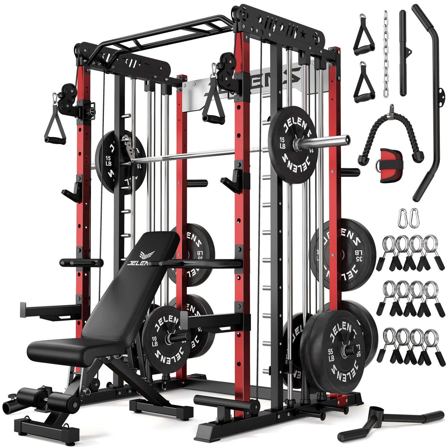 JELENS Smith Machine for Home Gym, Multi-Function M12 Power Cage with Cable Crossover System, Squat Rack with Smith Bar and More Attachment (Red, 370LB Black Weights Package)
