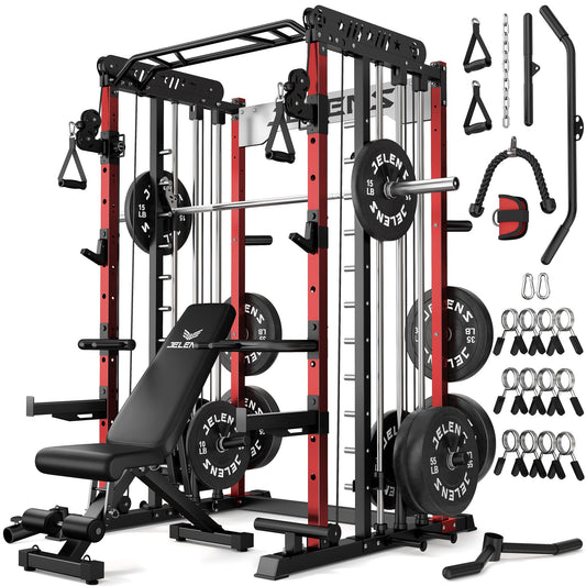 JELENS Smith Machine for Home Gym, Multi-Function M12 Power Cage with Cable Crossover System, Squat Rack with Smith Bar and More Attachment (Red, 370LB Black Weights Package)