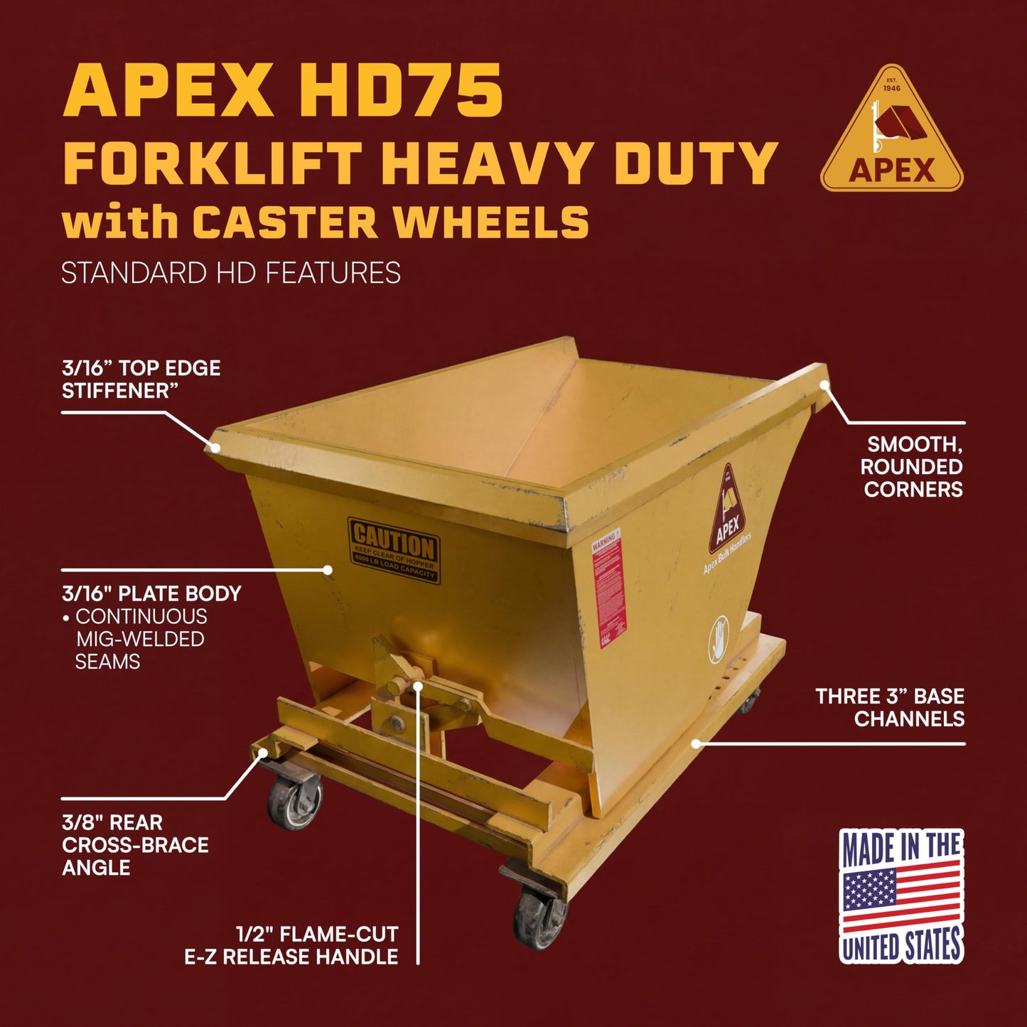 Apex Forklift Heavy Duty Self-Dumping Hopper w/Casters, 3/4 Cubic Yard, 6000 lb Capacity, Durable Steel, Made in The USA (3/4 Cubic Yard)